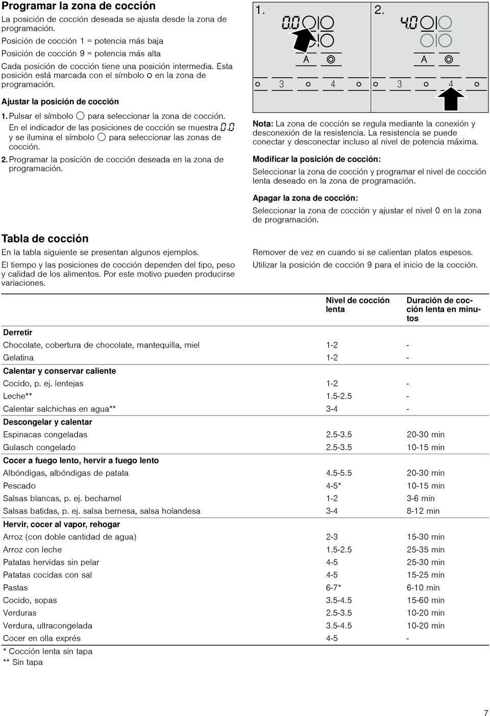 Esta posición está marcada con el símbolo Û en la zona de programación. Ajustar la posición de cocción 1. Pulsar el símbolo $ para seleccionar la zona de cocción.