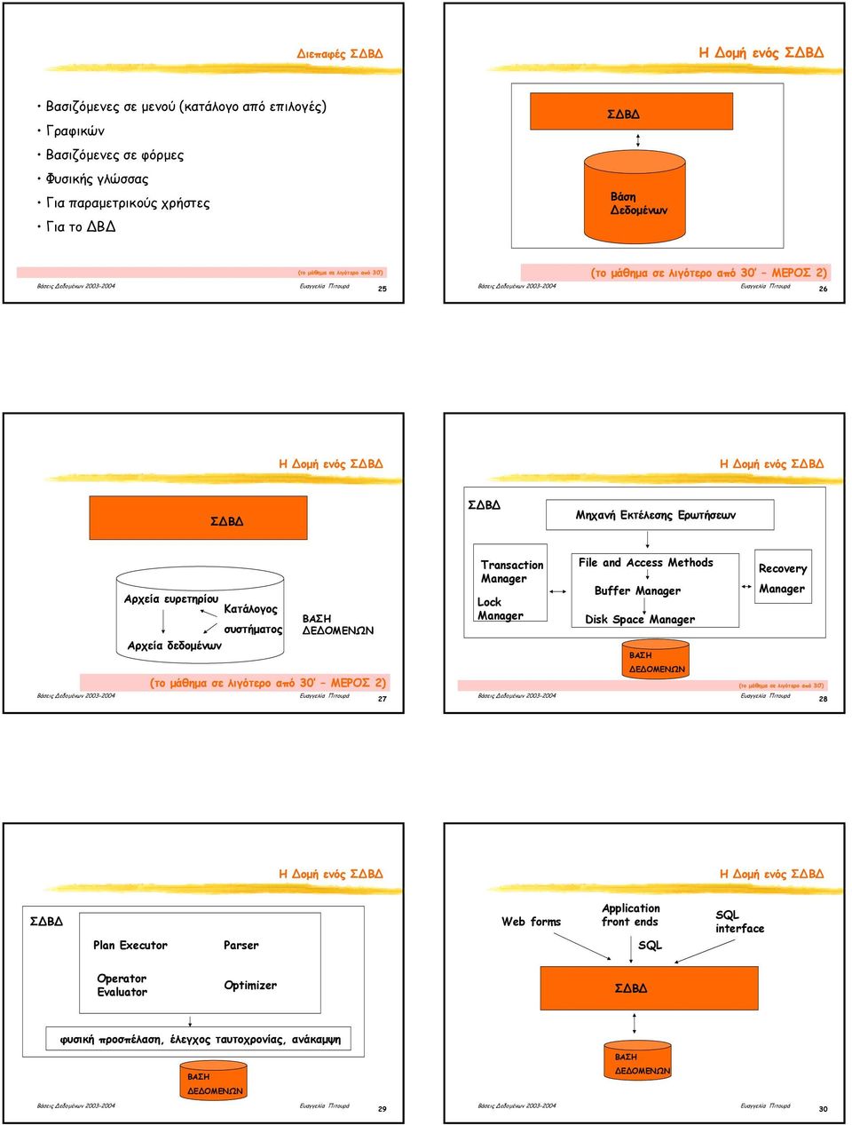 Transaction Manager Lock Manager File and Access Methods Buffer Manager Disk Space Manager Recovery Manager (το µάθηµα σε λιγότερο από 30 ΜΕΡΟΣ 2) 27 28 Η οµή