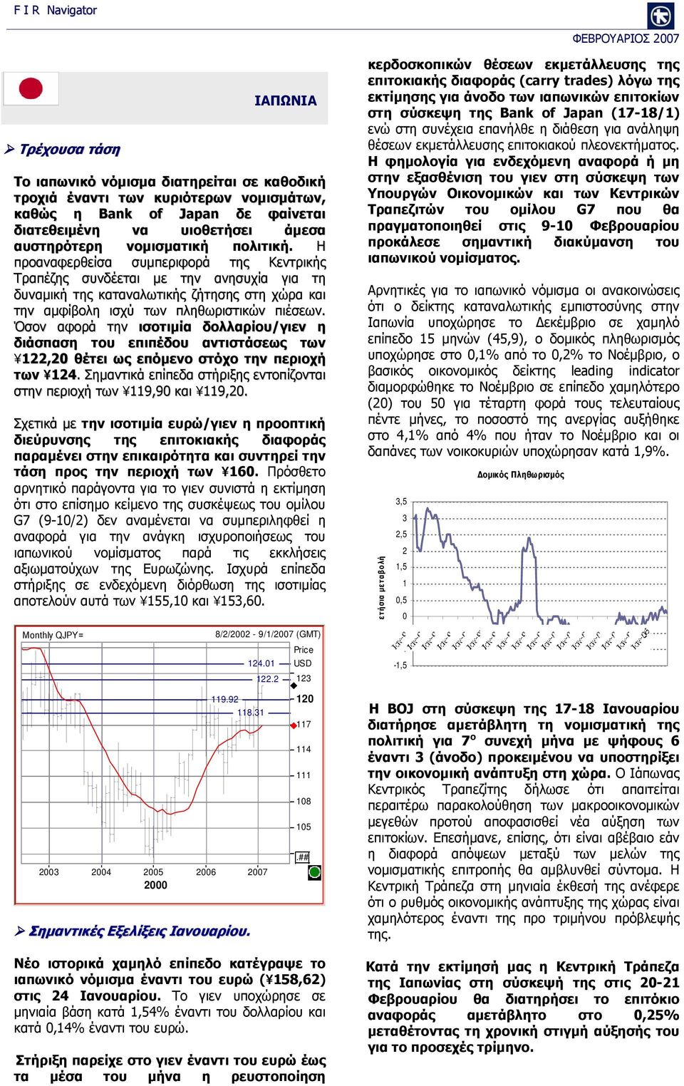 Όσον αφορά την ισοτιμία δολλαρίου/γιεν η διάσπαση του επιπέδου αντιστάσεως των 122,2 θέτει ως επόμενο στόχο την περιοχή των 124.