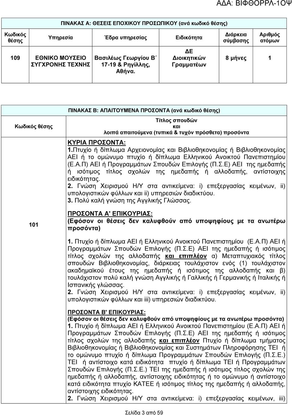 Ε ιοικητικών Γραµµατέων 8 µήνες 1 ΠΙΝΑΚΑΣ Β: ΑΠΑΙΤΟΥΜΕΝΑ ΠΡΟΣΟΝΤΑ (ανά κωδικό θέσης) Κωδικός θέσης 101 Τίτλος σπουδών και λοιπά απαιτούµενα (τυπικά & τυχόν πρόσθετα) προσόντα ΚΥΡΙΑ ΠΡΟΣΟΝΤΑ: 1.