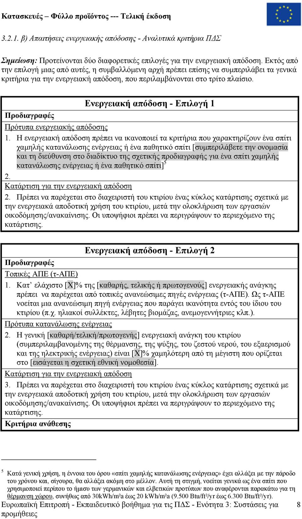 Προδιαγραφές Ενεργειακή απόδοση - Επιλογή 1 Πρότυπα ενεργειακής απόδοσης 1.