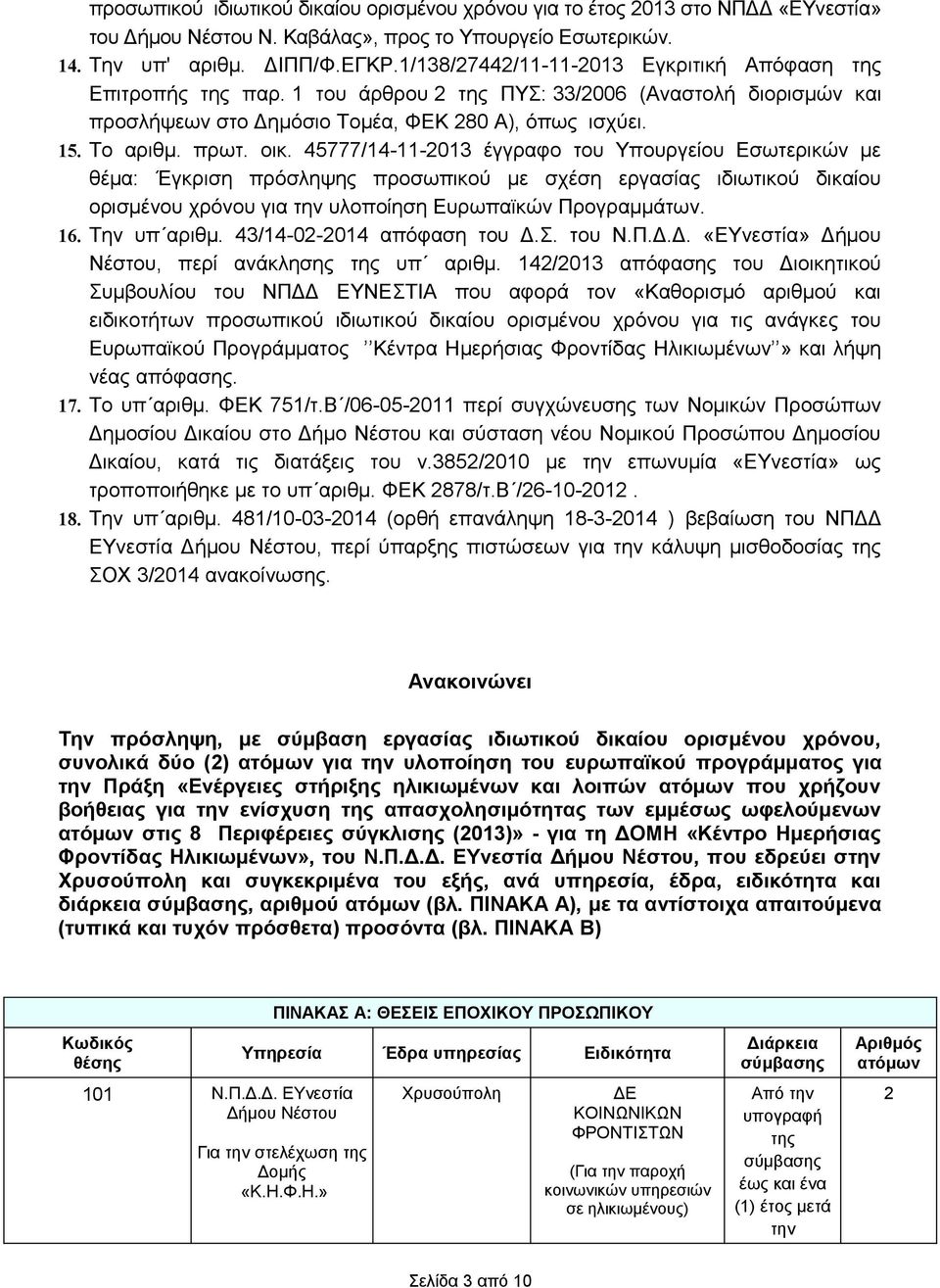 45777/14-11-2013 έγγραφο του Υπουργείου Εσωτερικών με θέμα: Έγκριση πρόσληψης προσωπικού με σχέση εργασίας ιδιωτικού δικαίου ορισμένου χρόνου για την υλοποίηση Ευρωπαϊκών Προγραμμάτων. 16.