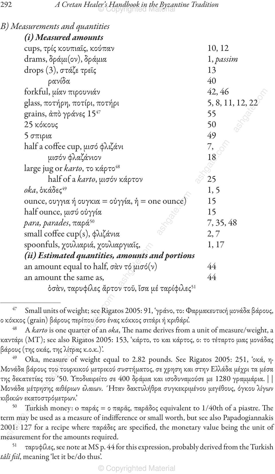 φλαζάνιον 18 large jug or karto, το κάρτο 48 half of a karto, μισόν κάρτον 25 oka, ὁκάδες 49 1, 5 ounce, ουγγια ή ουγκια = οὐγγία, ἡ = one ounce) 15 half ounce, μισύ οὐγγία 15 para, parades, παρά 50