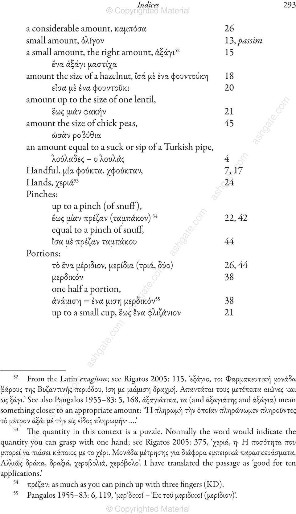 Handful, μία φούκτα, χφούκταν, 7, 17 Hands, χεριά 53 24 Pinches: up to a pinch (of snuff ), ἔως μίαν πρέζαν (ταμπάκον) 54 22, 42 equal to a pinch of snuff, ἴσα μὲ πρέζαν ταμπάκου 44 Portions: τὸ ἔνα