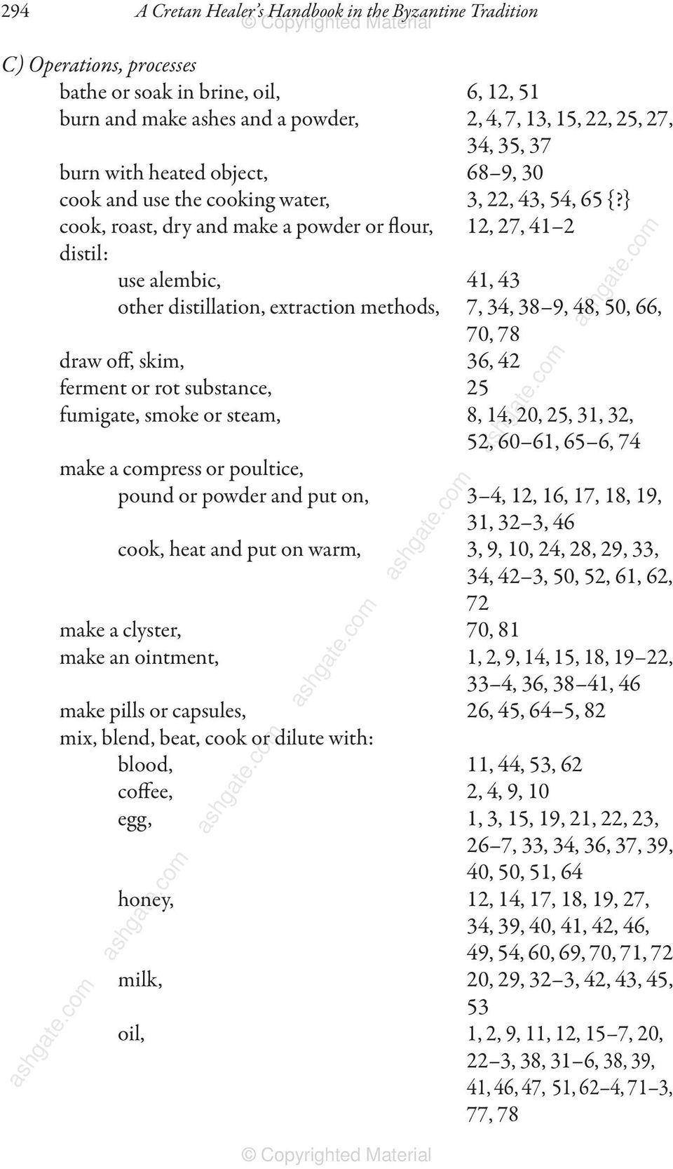 } cook, roast, dry and make a powder or flour, 12, 27, 41 2 distil: use alembic, 41, 43 other distillation, extraction methods, 7, 34, 38 9, 48, 50, 66, 70, 78 draw off, skim, 36, 42 ferment or rot