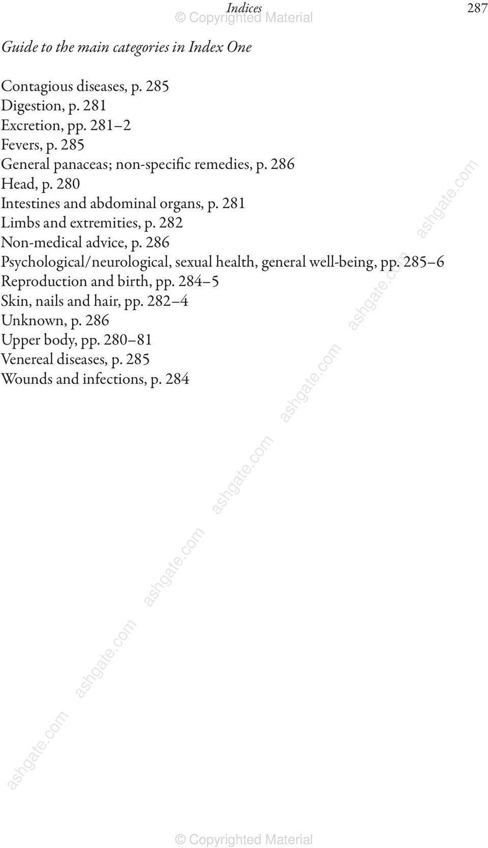 282 Non-medical advice, p. 286 Psychological/neurological, sexual health, general well-being, pp. 285 6 Reproduction and birth, pp.