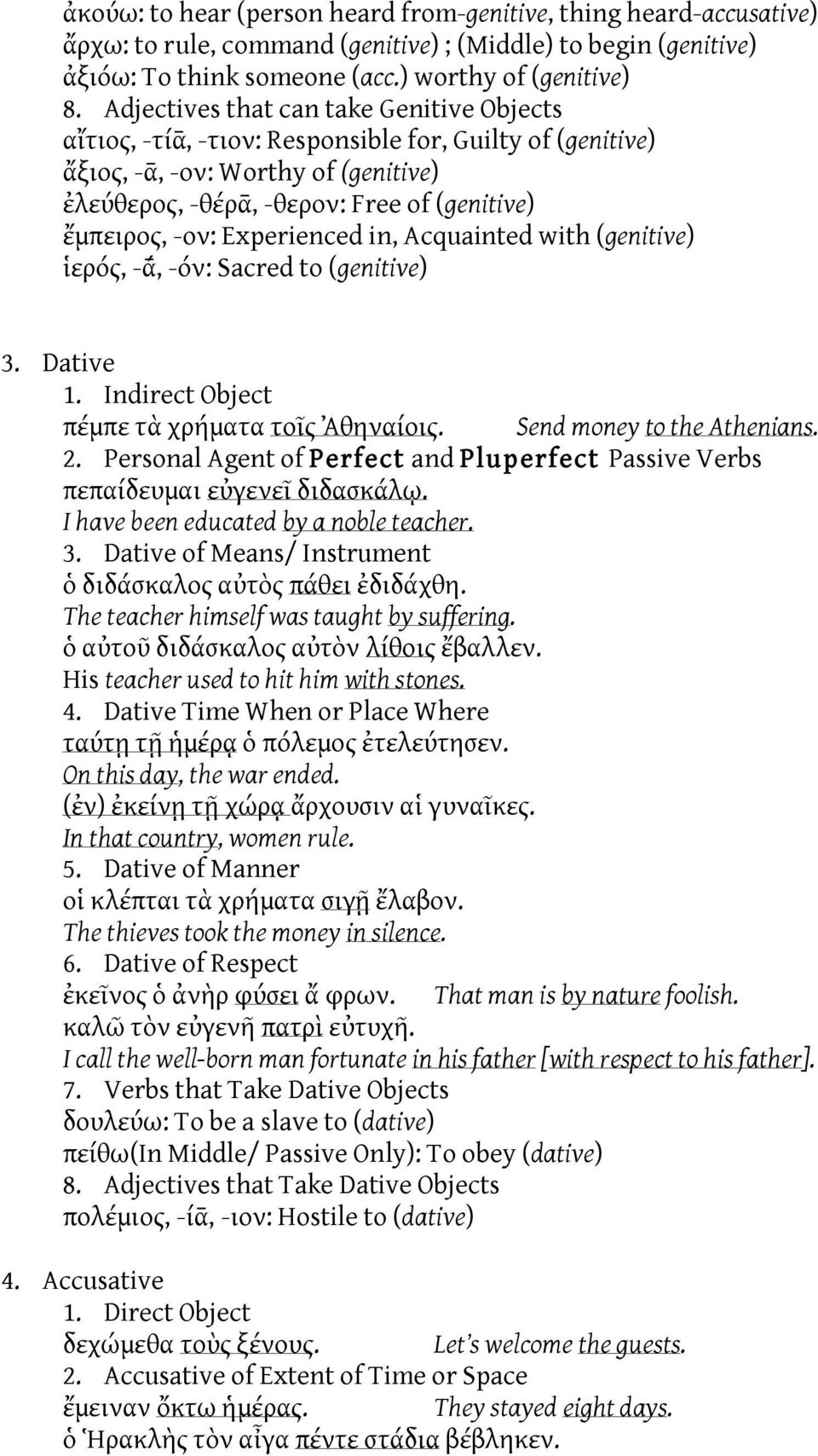 Experienced in, Acquainted with (genitive) ἱερός, -ά, -όν: Sacred to (genitive) 3. Dative 1. Indirect Object πέμπε τὰ χρήματα τοῖς Ἀθηναίοις. Send money to the Athenians. 2.