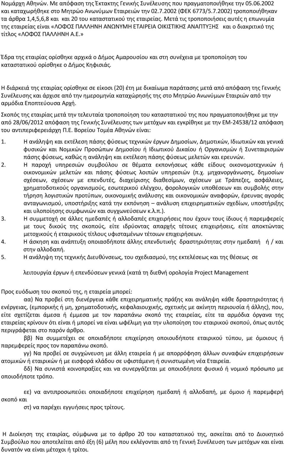 Μετά τις τροποποιήσεις αυτές η επωνυμία της εταιρείας είναι «ΛΟΦΟΣ ΠΑΛΛΗΝΗ ΑΝΩΝΥΜΗ ΕΤ