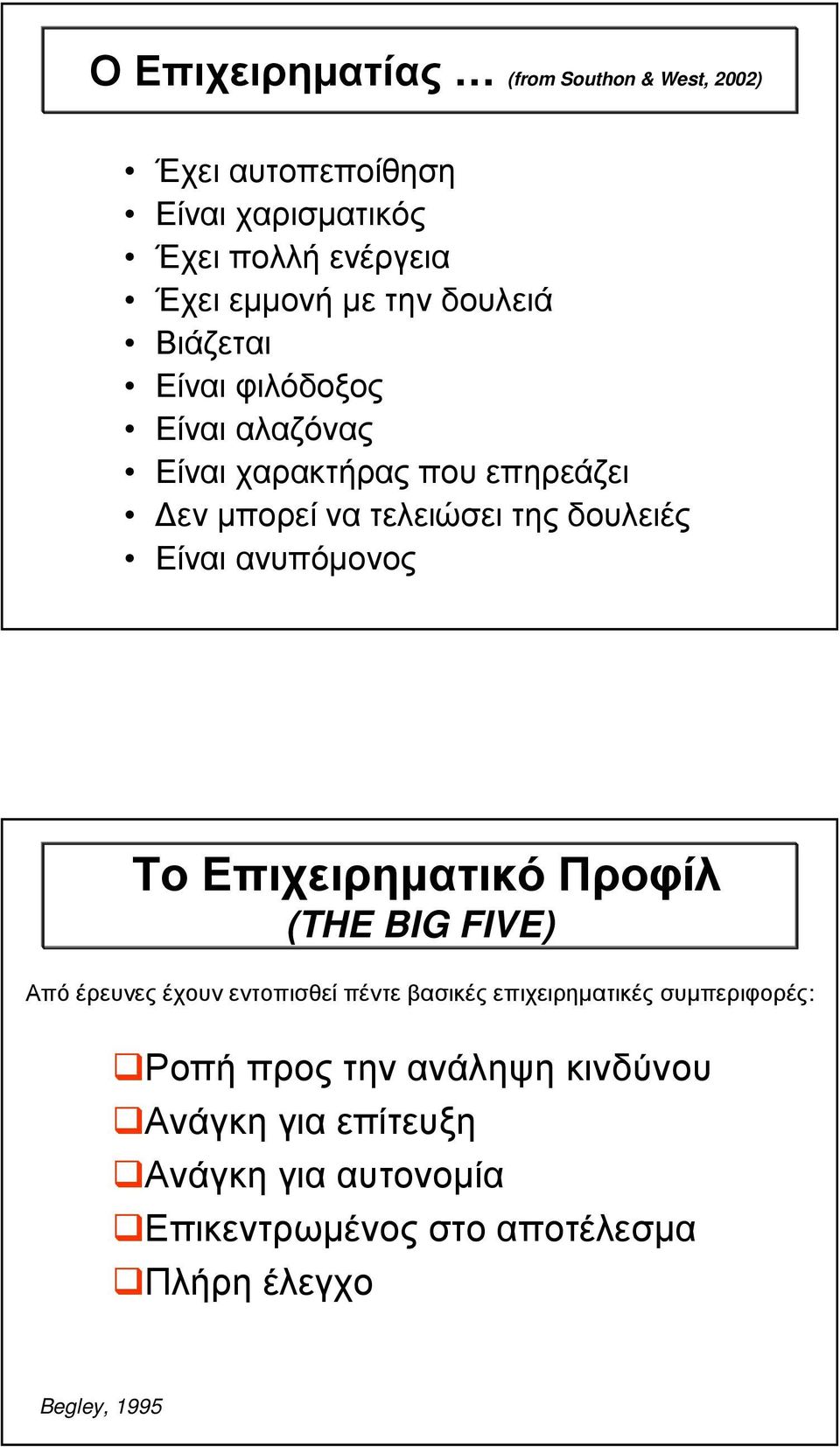 ανυπόµονος Το Επιχειρηµατικό Προφίλ (THE BIG FIVE) Από έρευνες έχουν εντοπισθεί πέντε βασικές επιχειρηµατικές συµπεριφορές: