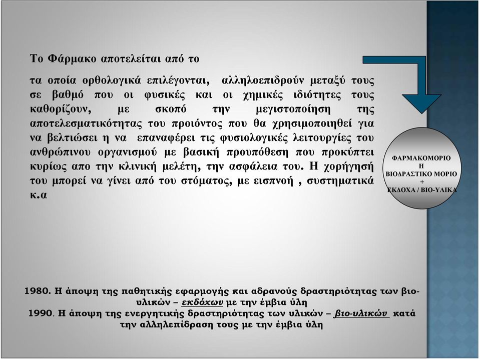 την κλινική μελέτη, την ασφάλεια του. Η χορήγησή του μπορεί να γίνει από του στόματος, με εισπνοή, συστηματικά κ.α ΦΑΡΜΑΚΟΜΟΡΙΟ Η ΒΙΟΔΡΑΣΤΙΚΟ ΜΟΡΙΟ + ΕΚΔΟΧΑ / ΒΙΟ-ΥΛΙΚA 1980.