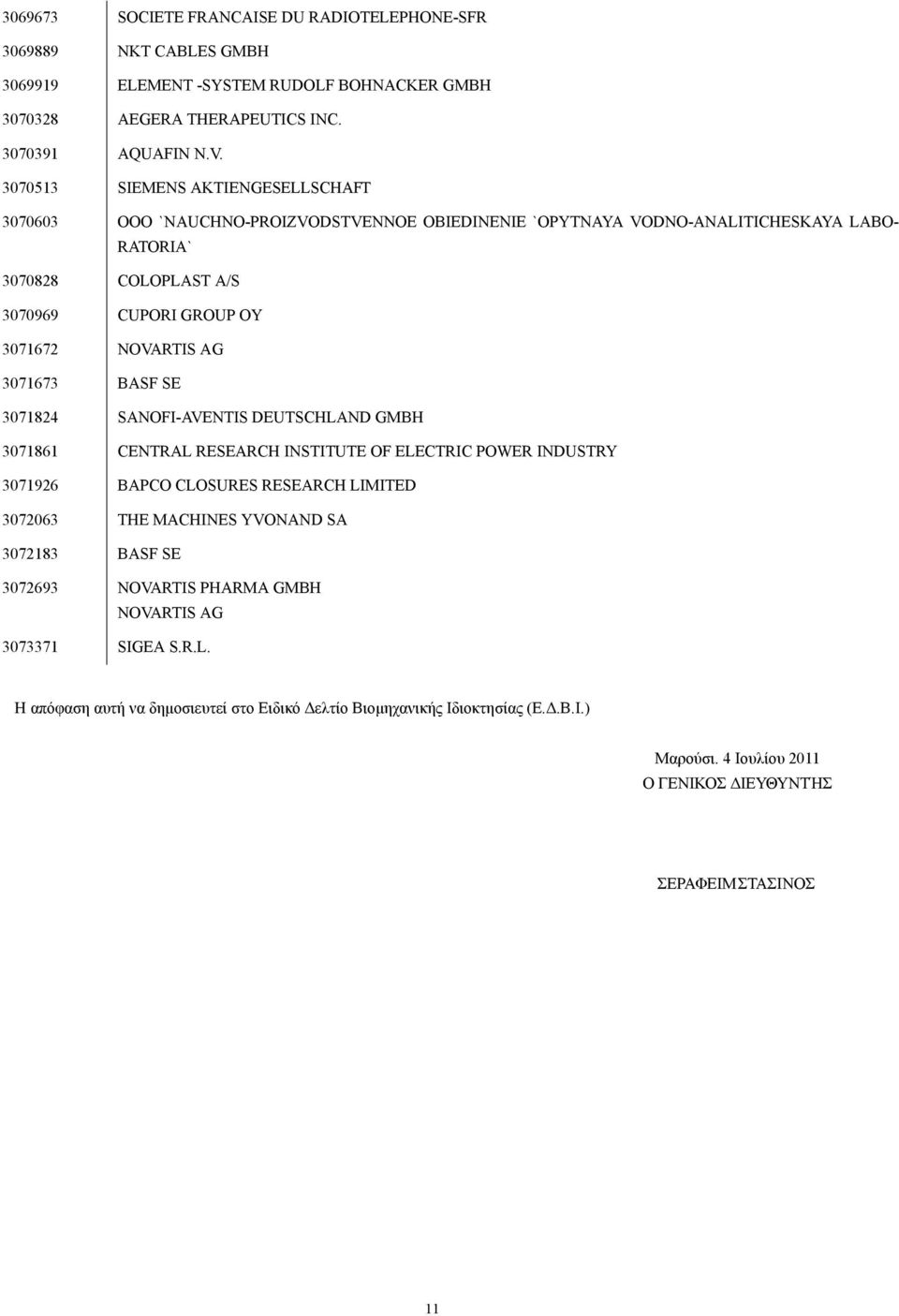 AG 3071673 BASF SE 3071824 SANOFI-AVENTIS DEUTSCHLAND GMBH 3071861 CENTRAL RESEARCH INSTITUTE OF ELECTRIC POWER INDUSTRY 3071926 BAPCO CLOSURES RESEARCH LIMITED 3072063 THE MACHINES YVONAND SA