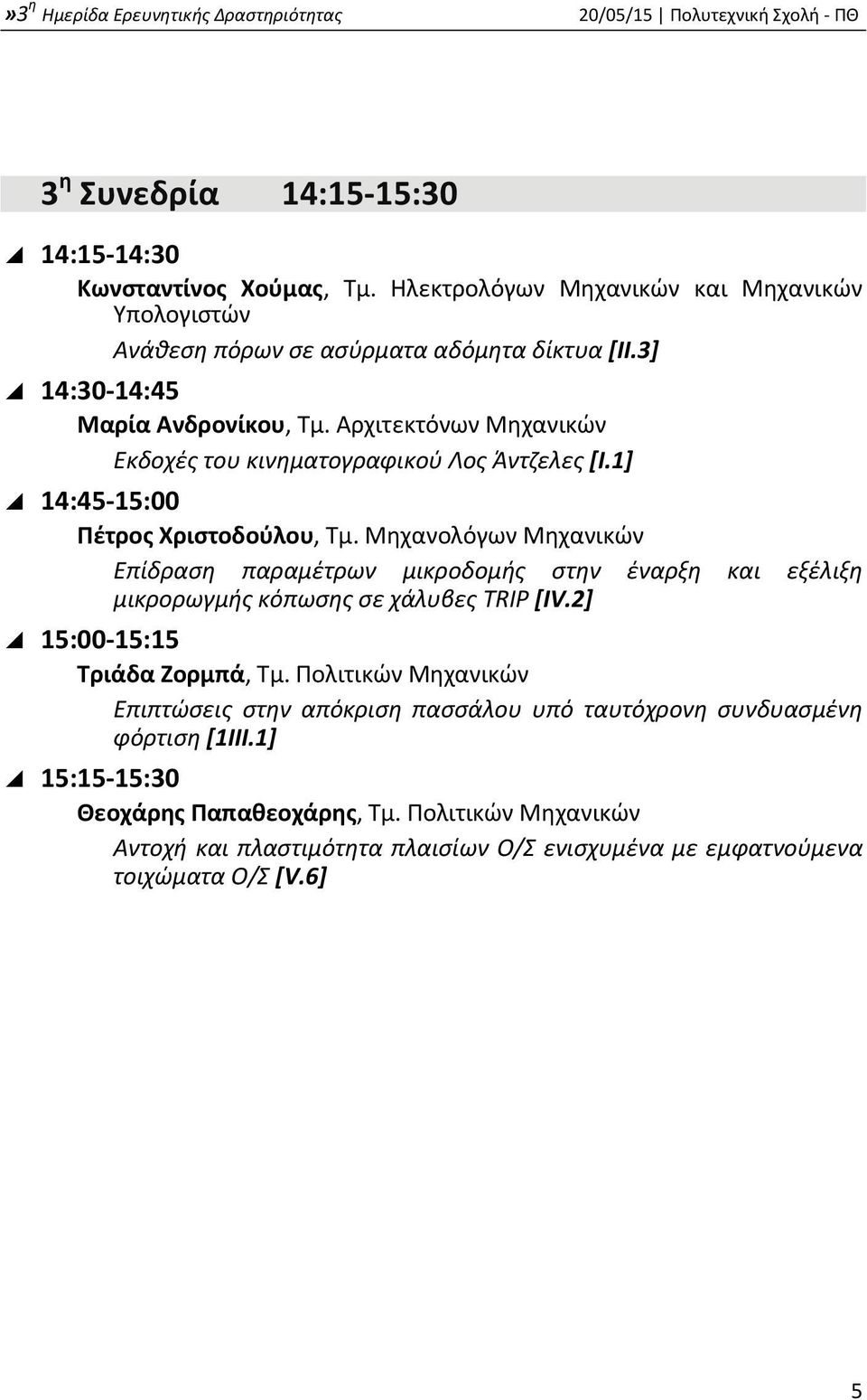 Μηχανολόγων Μηχανικών Επίδραση παραμέτρων μικροδομής στην έναρξη και εξέλιξη μικρορωγμής κόπωσης σε χάλυβες TRIP [IV.2] 15:00 15:15 Τριάδα Ζορμπά, Τμ.