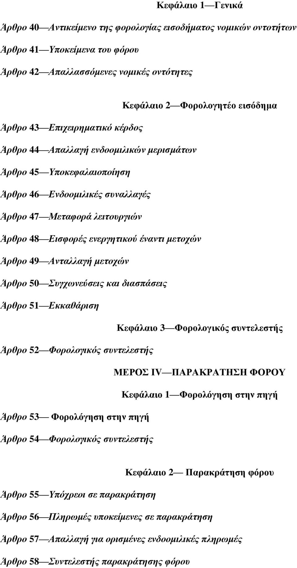 Άρθρο 49 Ανταλλαγή μετοχών Άρθρο 50 Συγχωνεύσεις και διασπάσεις Άρθρο 51 Εκκαθάριση Κεφάλαιο 3 Φορολογικός συντελεστής Άρθρο 52 Φορολογικός συντελεστής ΜΕΡΟΣ IV ΠΑΡΑΚΡΑΤΗΣΗ ΦΟΡΟΥ Κεφάλαιο 1