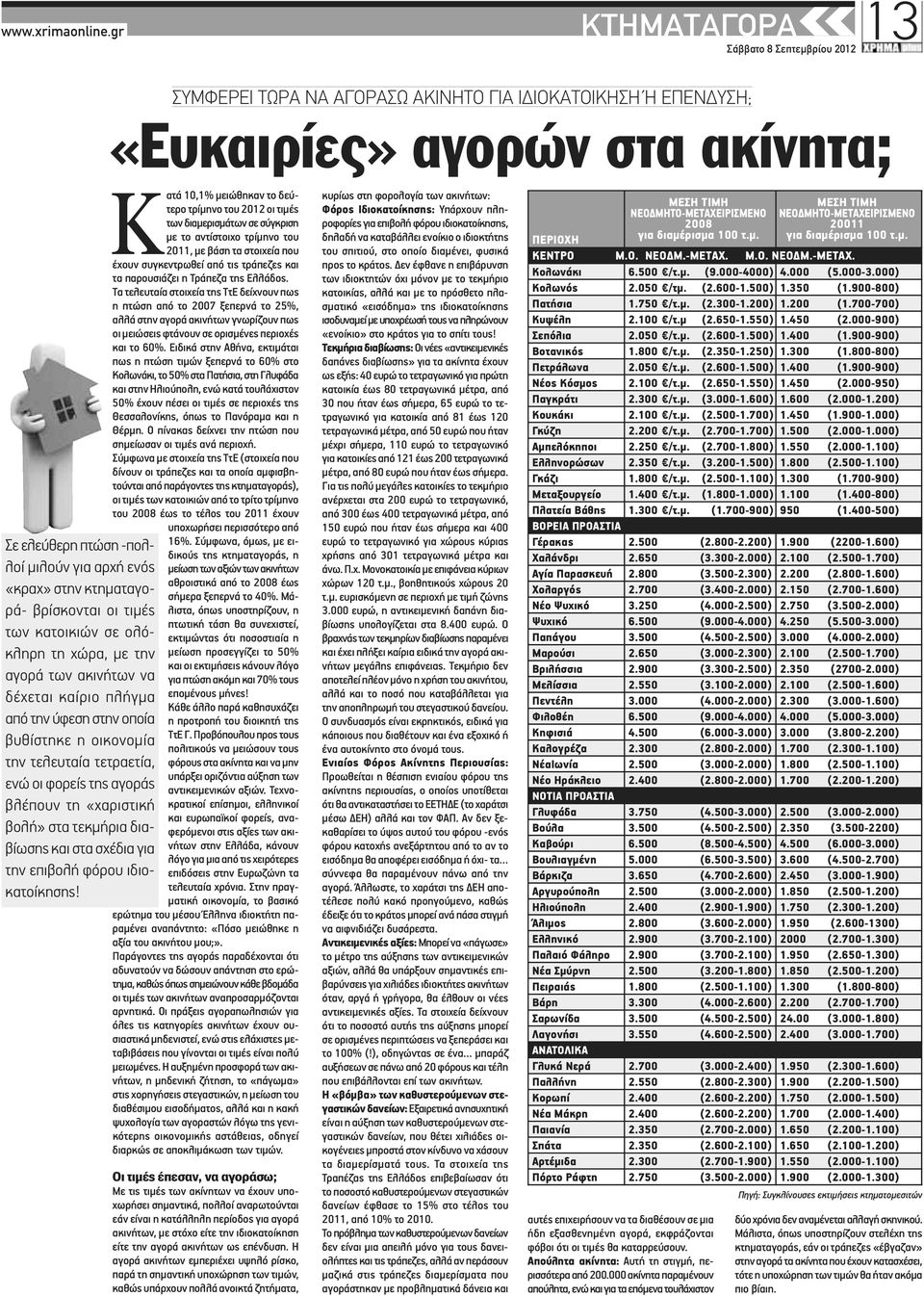 οι τιμές των κατοικιών σε ολόκληρη τη χώρα, με την αγορά των ακινήτων να δέχεται καίριο πλήγμα από την ύφεση στην οποία βυθίστηκε η οικονομία την τελευταία τετραετία, ενώ οι φορείς της αγοράς βλέπουν