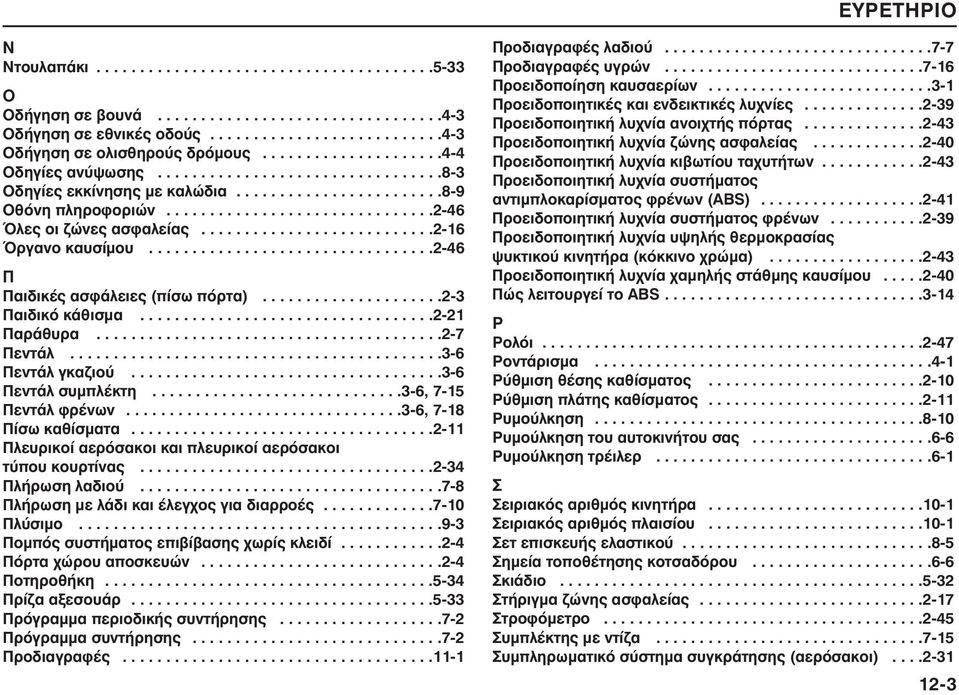 ..........................2-16 Όργανο καυσίµου.................................2-46 Π Παιδικές ασφάλειες (πίσω πόρτα).....................2-3 Παιδικό κάθισµα..................................2-21 Παράθυρα.