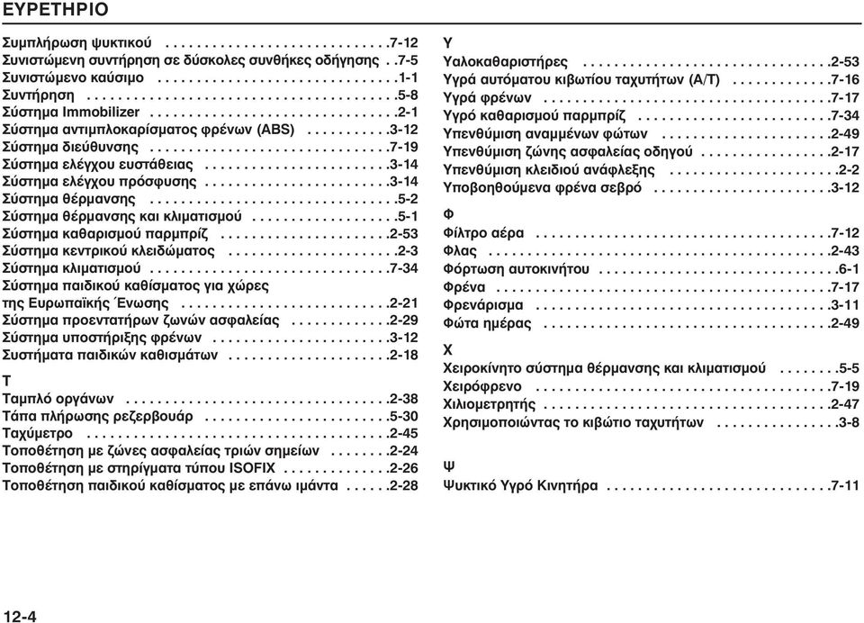 ..............................7-19 Σύστηµα ελέγχου ευστάθειας........................3-14 Σύστηµα ελέγχου πρόσφυσης........................3-14 Σύστηµα θέρµανσης................................5-2 Σύστηµα θέρµανσης και κλιµατισµού.