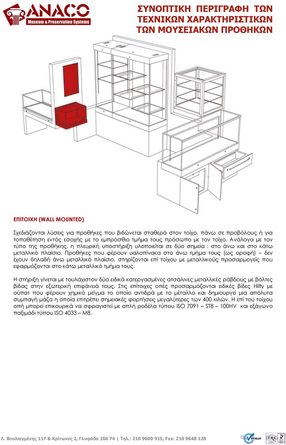 Προθήκες που φέρουν υαλοπίνακα στο άνω τμήμα τους (ως οροφή) δεν έχουν δηλαδή άνω μεταλλικό πλαίσιο, στηρίζονται επί τοίχου με μεταλλικούς προσαρμογείς που εφαρμόζονται στο κάτω μεταλλικό τμήμα τους.