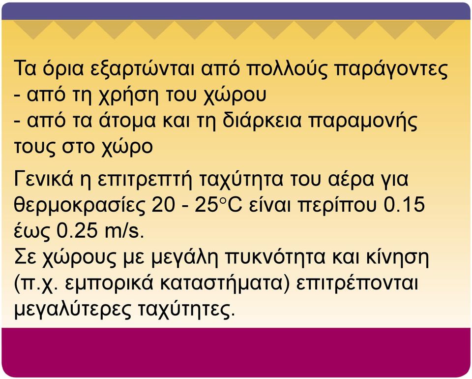 αέρα για θερμοκρασίες 20-25 C είναι περίπου 0.15 έως 0.25 m/s.