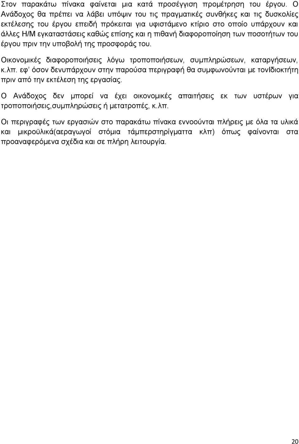 επίζεο θαη ε πηζαλή δηαθνξνπνίεζε ησλ πνζνηήησλ ηνπ έξγνπ πξηλ ηελ ππνβνιή ηεο πξνζθνξάο ηνπ. Οηθνλνκηθέο δηαθνξνπνηήζεηο ιφγσ ηξνπνπνηήζεσλ, ζπκπιεξψζεσλ, θαηαξγήζεσλ, θ.ιπ.