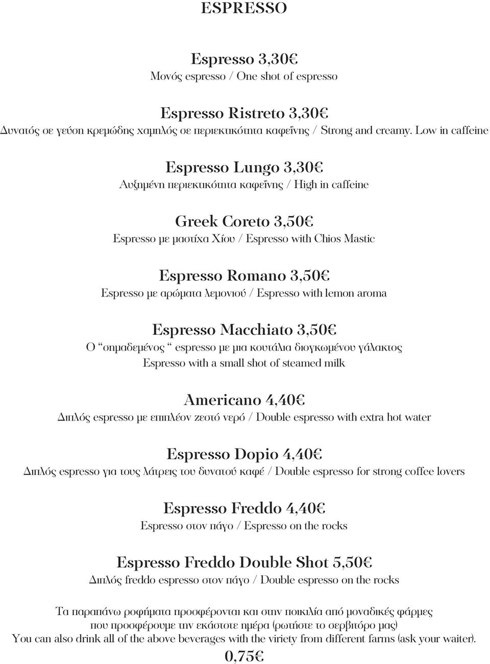 αρώματα λεμονιού / Espresso with lemon aroma Espresso Macchiato 3,50 Ο σημαδεμένος espresso με μια κουτάλια διογκωμένου γάλακτος Espresso with a small shot of steamed milk Americano 4,40 Διπλός