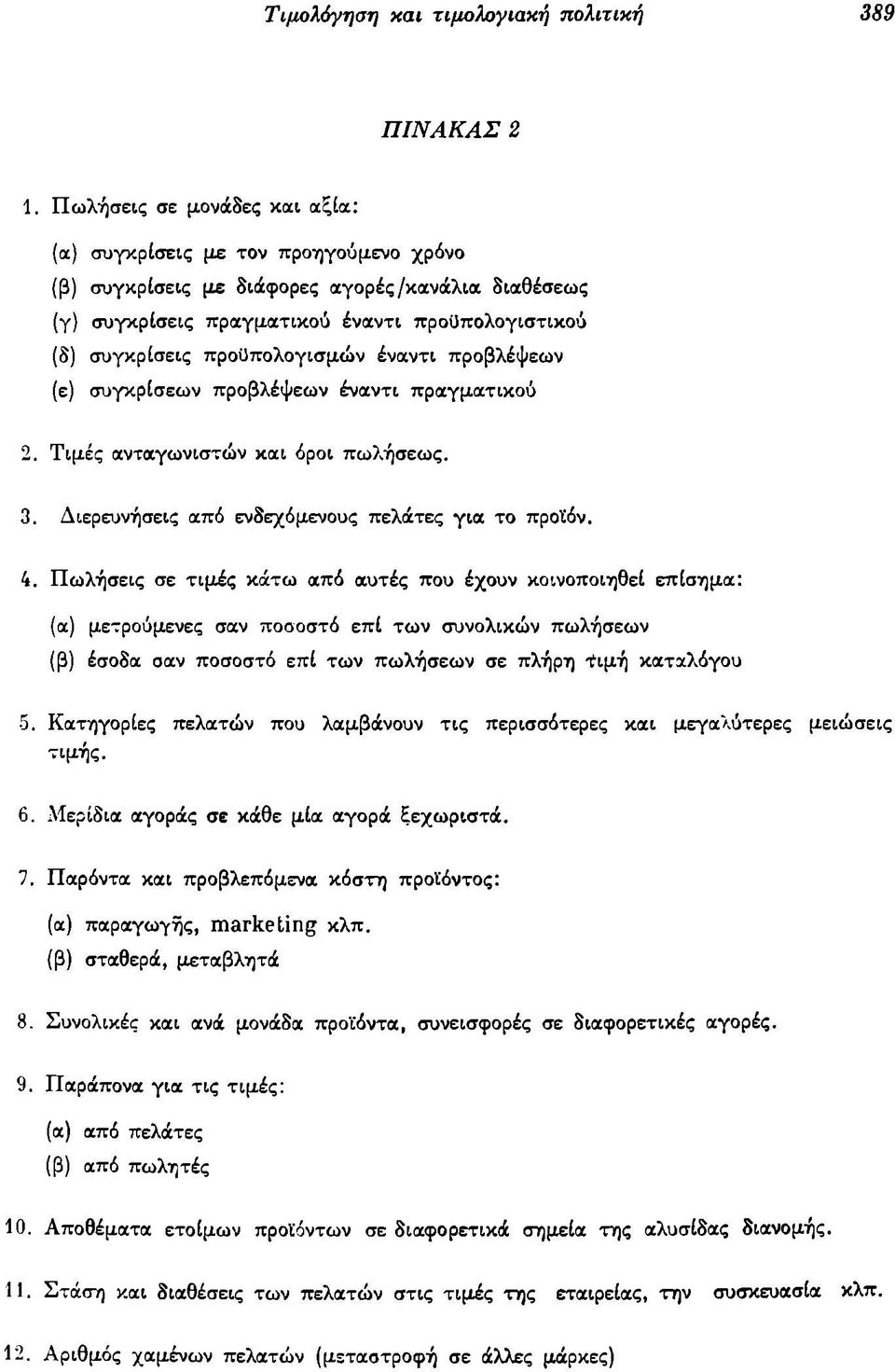 προϋπολογισμών έναντι προβλέψεων (ε) συγκρίσεων προβλέψεων έναντι πραγματικού 2. Τιμές ανταγωνιστών και όροι πωλήσεως. 3. Διερευνήσεις από ενδεχόμενους πελάτες για το προϊόν. 4.