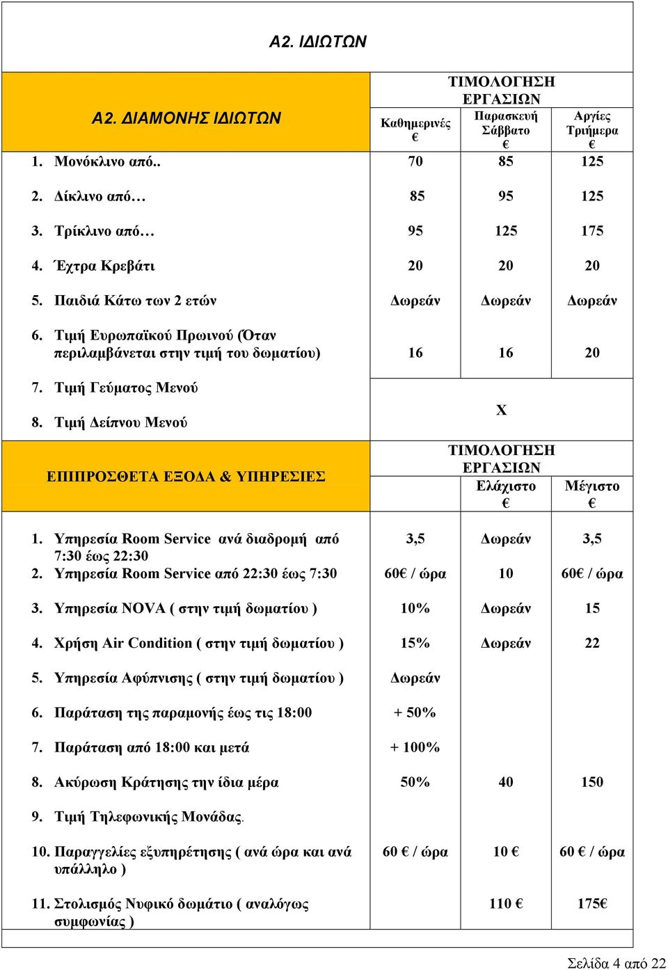 Τιμή Δείπνου Μενού Χ ΕΠΙΠΡΟΣΘΕΤΑ ΕΞΟΔΑ & ΥΠΗΡΕΣΙΕΣ ΕΡΓΑΣΙΩΝ Ελάχιστο Μέγιστο 1. Υπηρεσία Room Service ανά διαδρομή από 7:30 έως 22:30 2.
