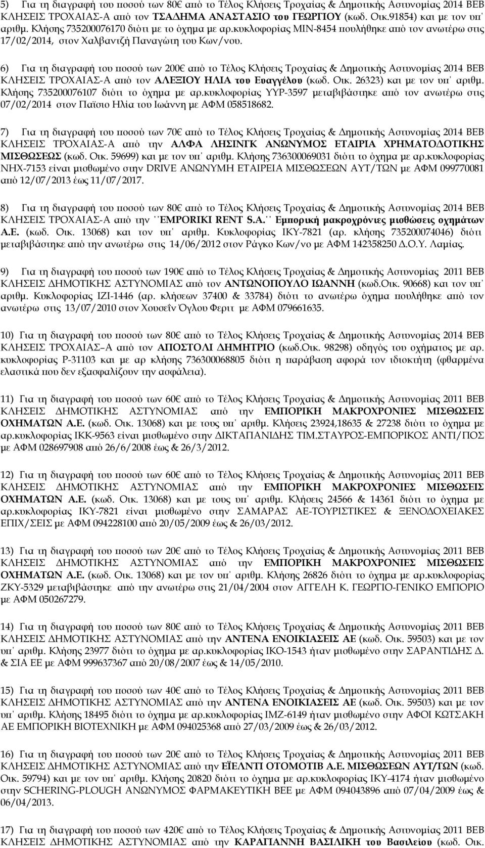 6) Για τη διαγραφή του οσού των 200 α ό το Τέλος Κλήσεις Τροχαίας & ηµοτικής Αστυνοµίας 2014 ΒΕΒ ΚΛΗΣΕΙΣ ΤΡΟΧΑΙΑΣ-A α ό τον ΑΛΕΞΙΟΥ ΗΛΙΑ του Ευαγγέλου (κωδ. Οικ. 26323) και µε τον υ αριθµ.