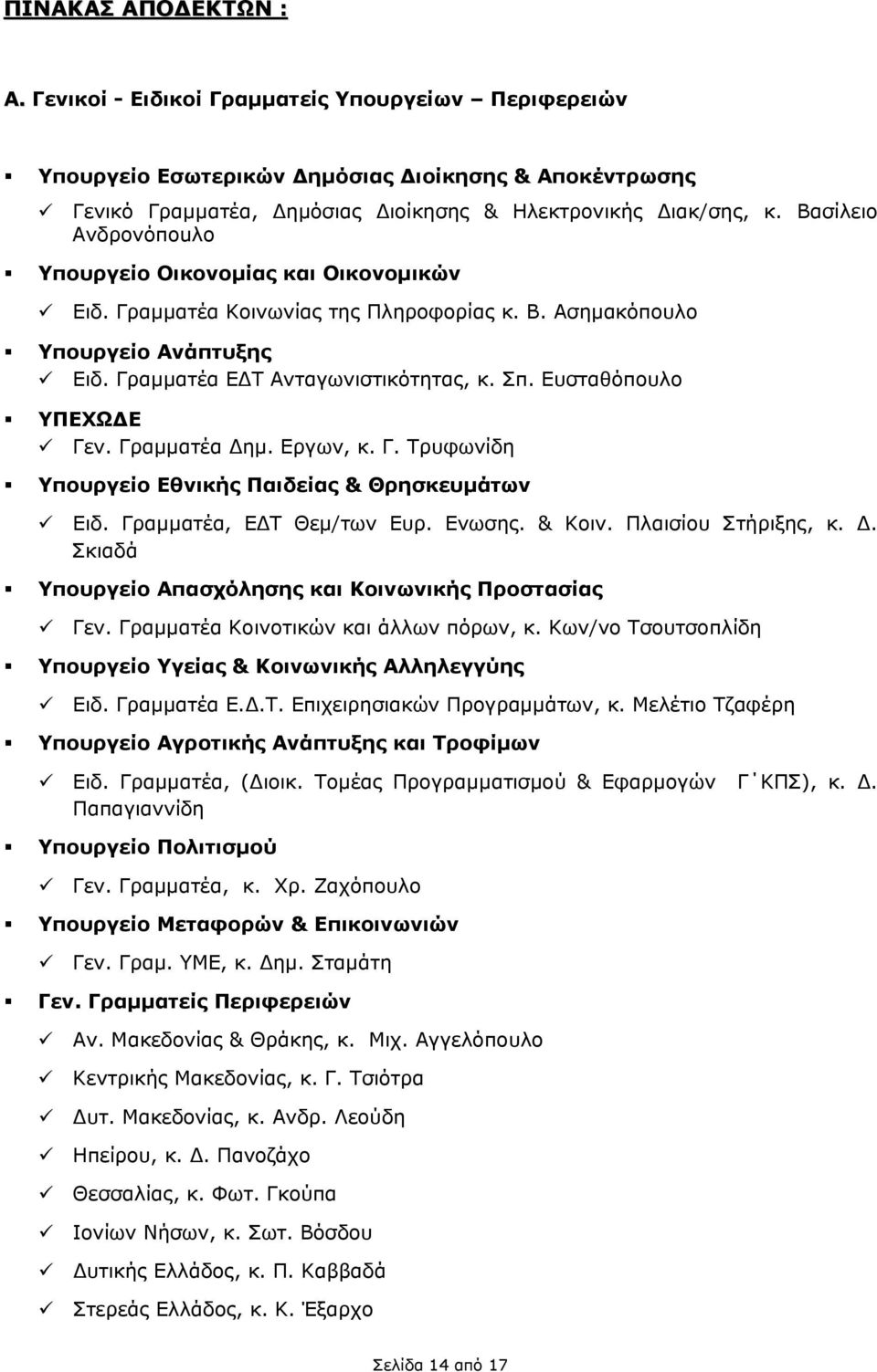 Ευσταθόπουλο ΥΠΕΧΩΔΕ Γεν. Γραμματέα Δημ. Εργων, κ. Γ. Τρυφωνίδη Υπουργείο Εθνικής Παιδείας & Θρησκευμάτων Ειδ. Γραμματέα, ΕΔΤ Θεμ/των Ευρ. Ενωσης. & Κοιν. Πλαισίου Στήριξης, κ. Δ. Σκιαδά Υπουργείο Απασχόλησης και Κοινωνικής Προστασίας Γεν.