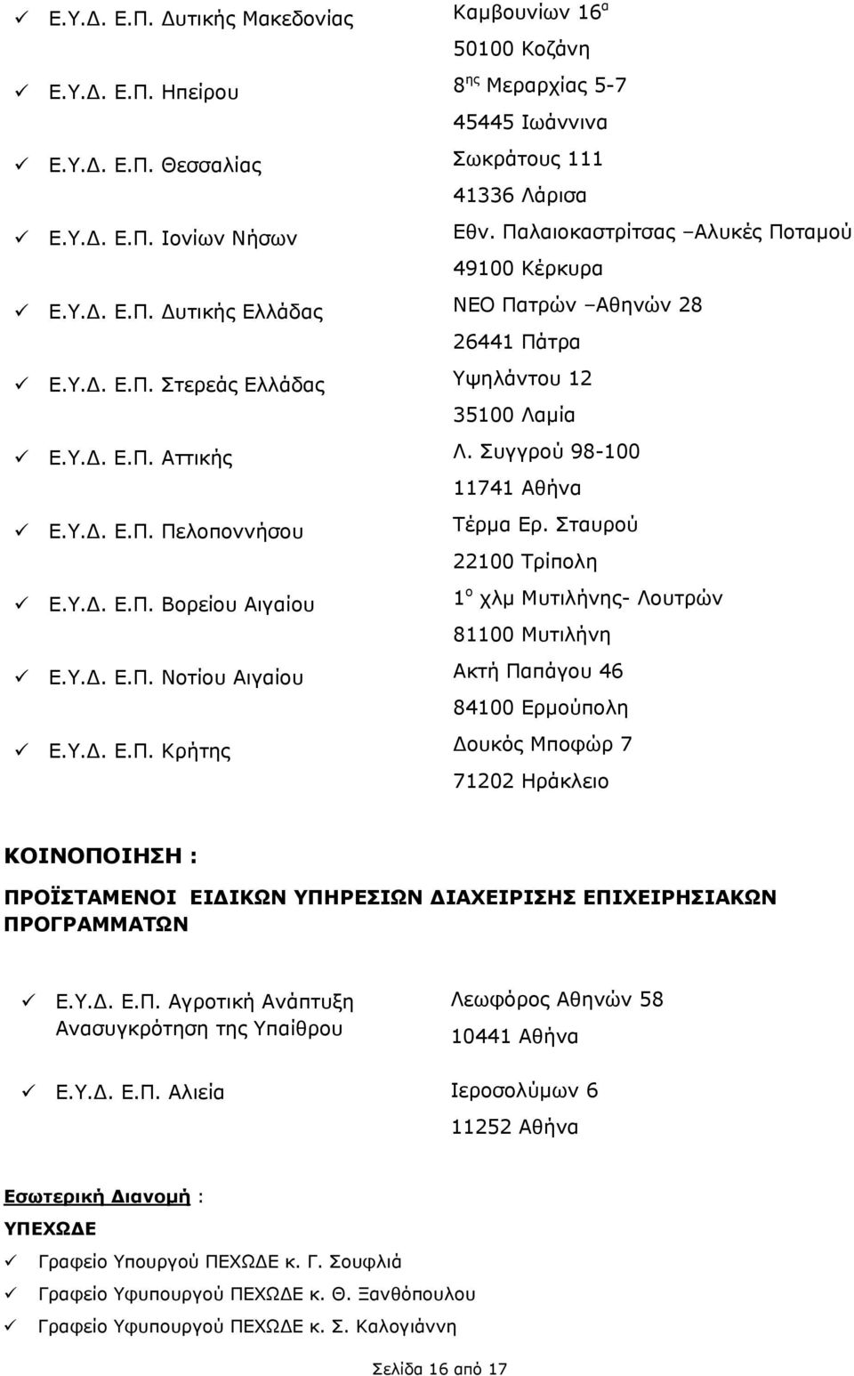 Συγγρού 98-100 11741 Αθήνα Ε.Υ.Δ. Ε.Π. Πελοποννήσου Τέρμα Ερ. Σταυρού 22100 Τρίπολη Ε.Υ.Δ. Ε.Π. Βορείου Αιγαίου 1 ο χλμ Μυτιλήνης- Λουτρών 81100 Μυτιλήνη Ε.Υ.Δ. Ε.Π. Νοτίου Αιγαίου Ακτή Παπάγου 46 84100 Ερμούπολη Ε.