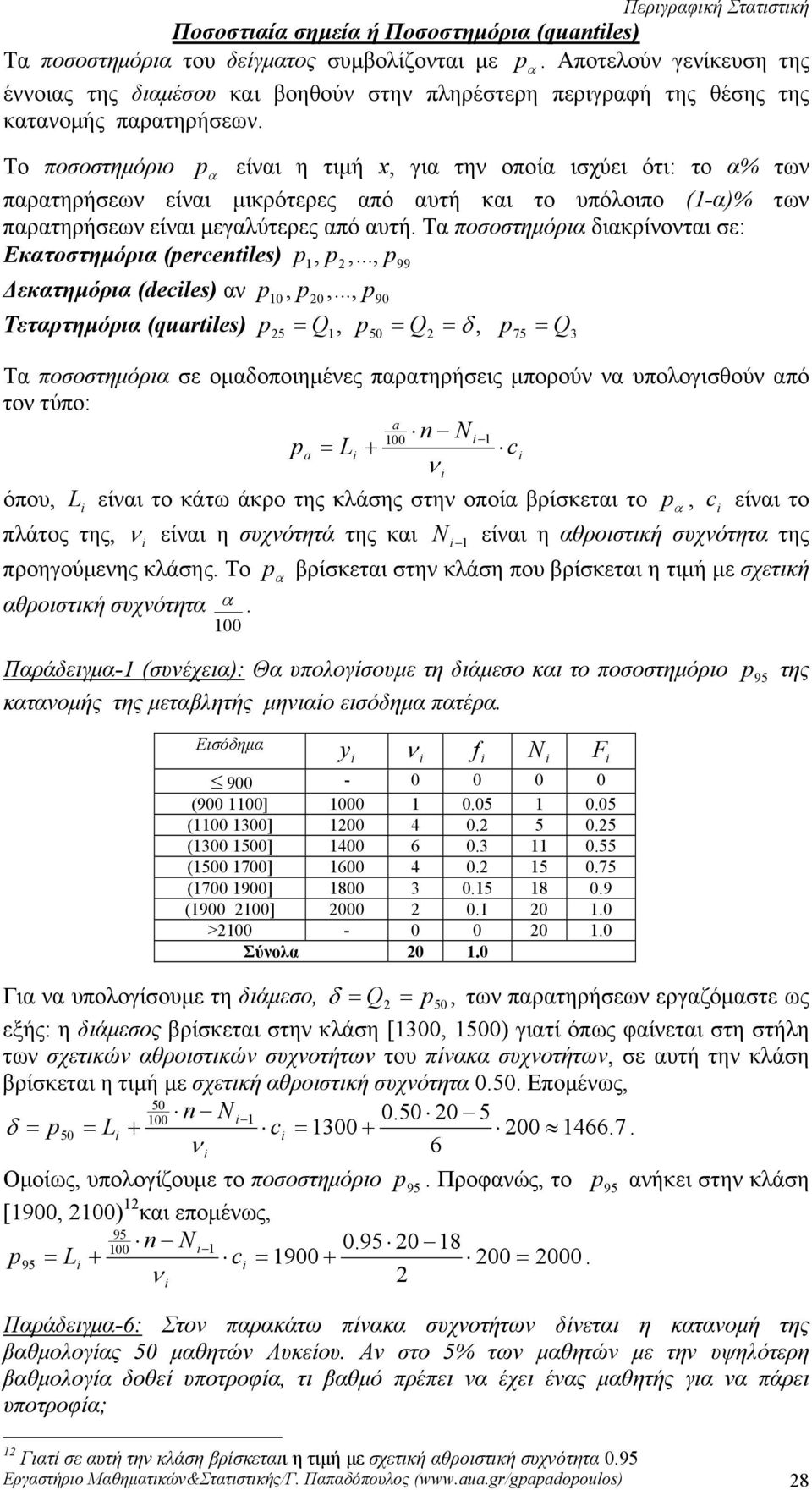 Τα ποσοστημόρια διακρίνονται σε: Εκατοστημόρια (percetles) p, p,, p99 Δεκατημόρια (decles) αν p, p,, p9 Τεταρτημόρια (quartles) p 5 = Q, p5 = Q = δ, p75 = Q Τα ποσοστημόρια σε ομαδοποιημένες