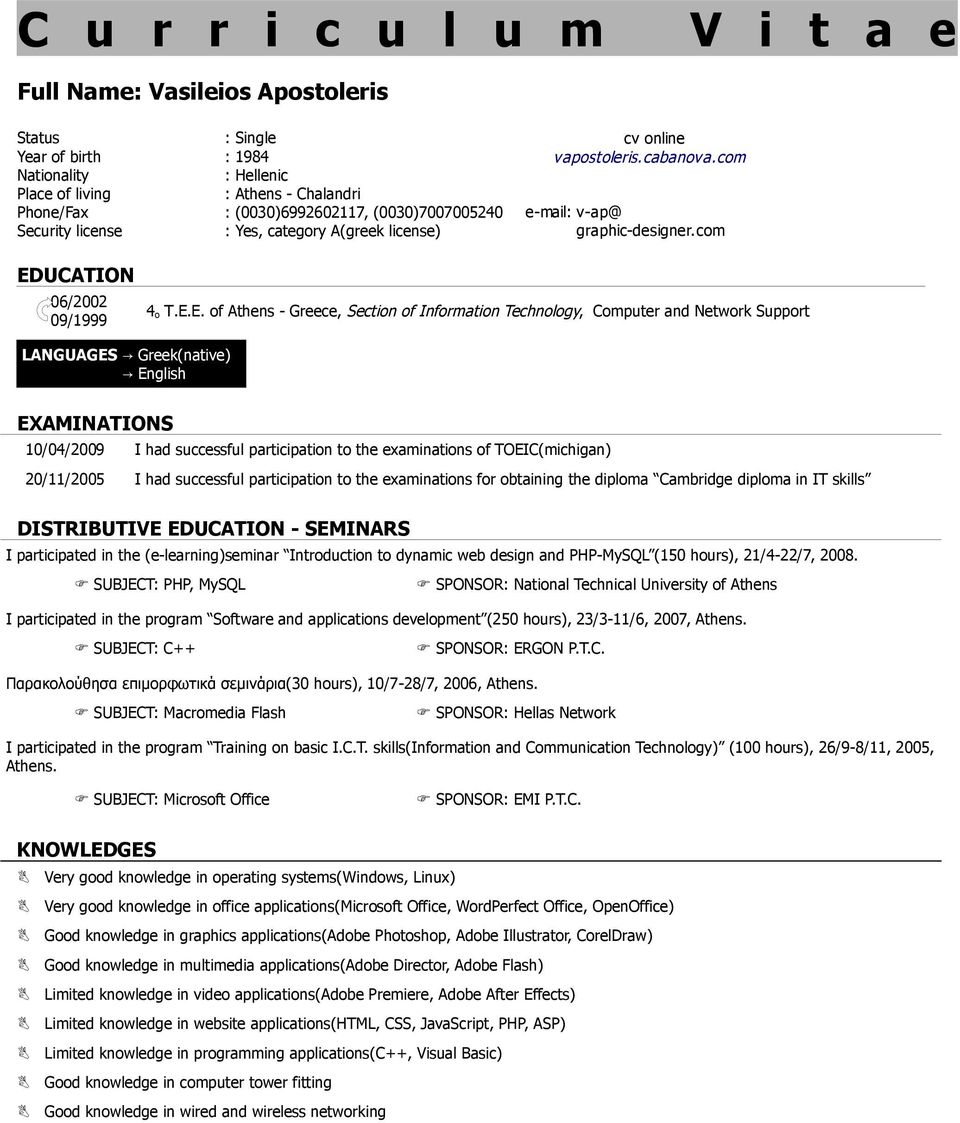 Ε. of Athens - Greece, Section of Information Technology, Computer and Network Support LANGUAGES Greek(native) LANGUAGES English EXAMINATIONS 10/04/2009 I had successful participation to the