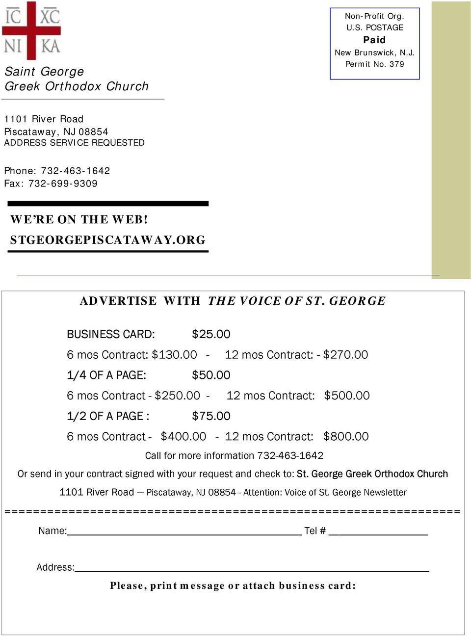 GEORGE BUSINESS CARD: $25.00 6 mos Contract: $130.00-12 mos Contract: - $270.00 1/4 OF A PAGE: $50.00 6 mos Contract - $250.00-12 mos Contract: $500.00 1/2 OF A PAGE : $75.00 6 mos Contract - $400.