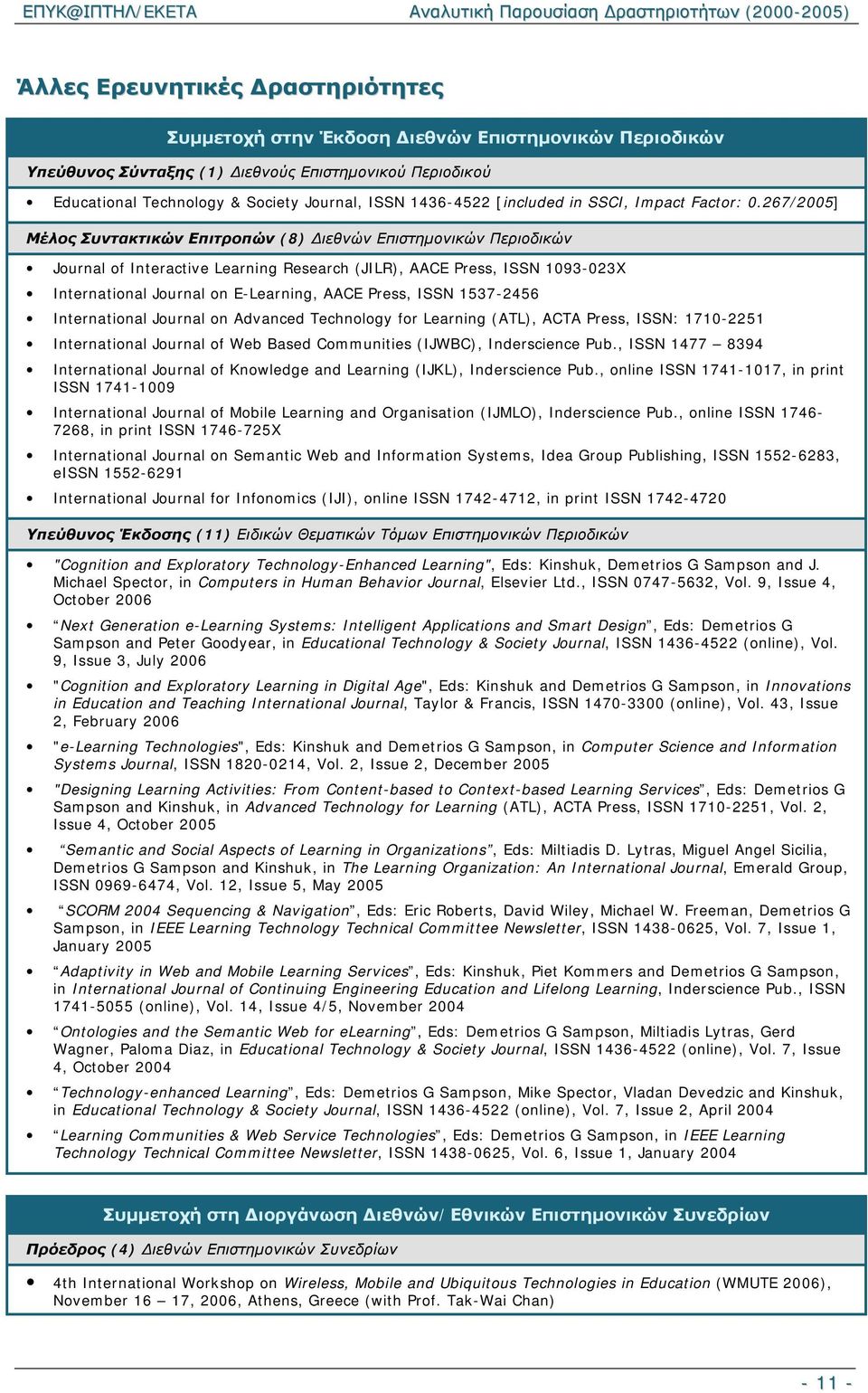 267/2005] Μέλος Συντακτικών Επιτροπών (8) Διεθνών Επιστημονικών Περιοδικών Journal of Interactive Learning Research (JILR), AACE Press, ISSN 1093-023X International Journal on E-Learning, AACE Press,