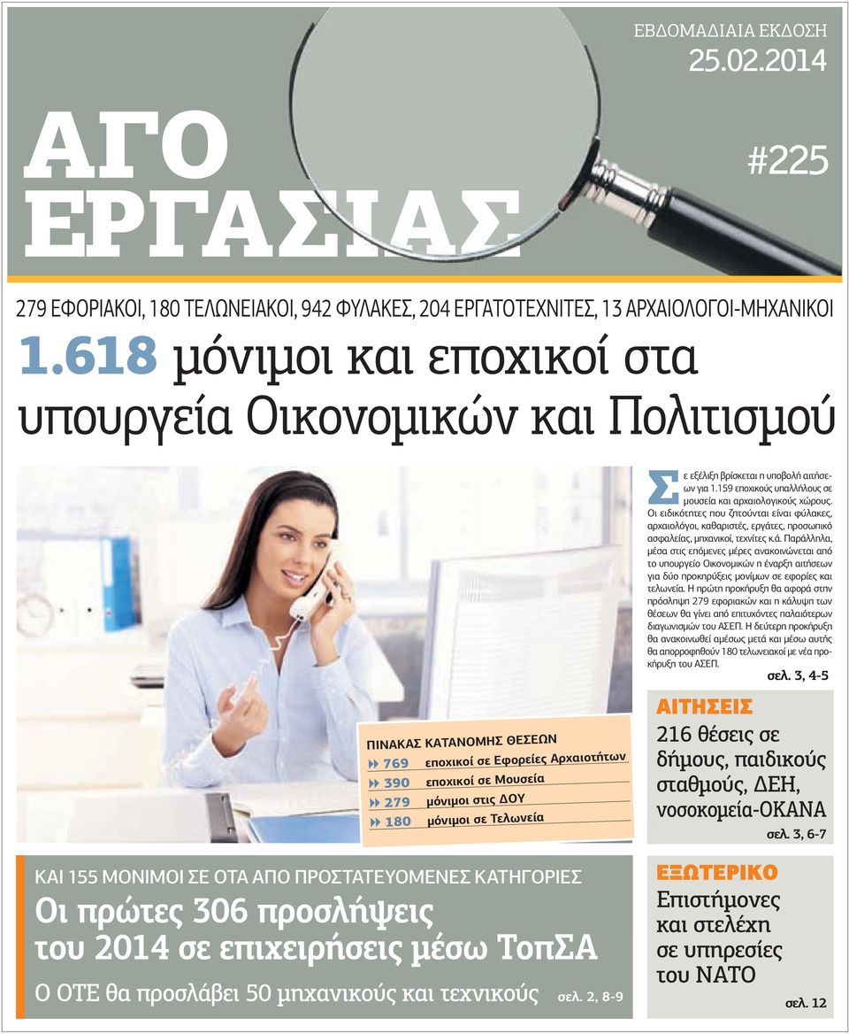 155 ΜΟΝΙΜΟΙ ΣΕ ΟΤΑ ΑΠΟ ΠΡΟΣΤΑΤΕΥΟΜΕΝΕΣ ΚΑΤΗΓΟΡΙΕΣ Οι πρώτες 306 προσλήψεις του 2014 σε επιχειρήσεις µέσω ΤοπΣΑ Ο ΟΤΕ θα προσλάβει 50 µηχανικούς και τεχνικούς σελ.