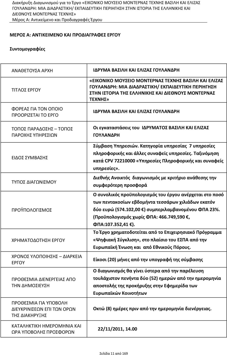 ΥΛΟΠΟΙΗΣΗΣ ΔΙΑΡΚΕΙΑ ΕΡΓΟΥ ΠΡΟΘΕΣΜΙΑ ΔΙΕΝΕΡΓΕΙΑΣ ΑΠΟ ΤΗΝ ΔΗΜΟΣΙΕΥΣΗ ΠΡΟΘΕΣΜΙΑ ΓΙΑ ΥΠΟΒΟΛΗ ΔΙΕΥΚΡΙΝΙΣΕΩΝ ΕΠΙ ΤΩΝ ΟΡΩΝ ΤΗΣ ΔΙΑΚΗΡΥΞΗΣ ΚΑΤΑΛΗΚΤΙΚΗ ΗΜΕΡΟΜΗΝΙΑ ΚΑΙ ΩΡΑ ΥΠΟΒΟΛΗΣ ΠΡΟΣΦΟΡΩΝ ΙΔΡΥΜΑ ΒΑΣΙΛΗ ΚΑΙ