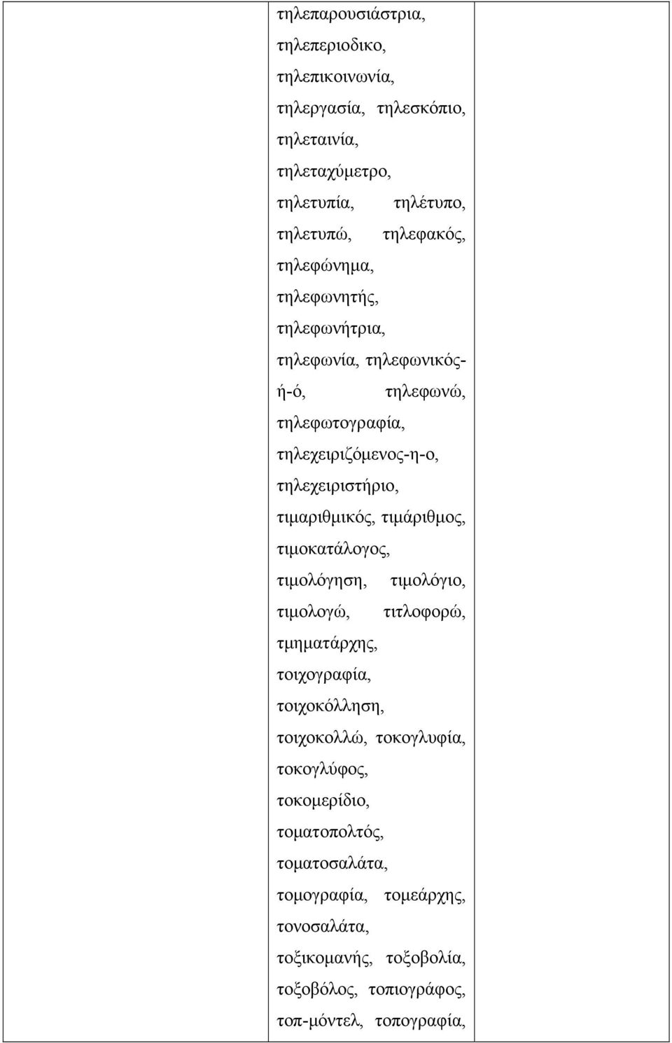 τιμάριθμος, τιμοκατάλογος, τιμολόγηση, τιμολόγιο, τιμολογώ, τιτλοφορώ, τμηματάρχης, τοιχογραφία, τοιχοκόλληση, τοιχοκολλώ, τοκογλυφία,