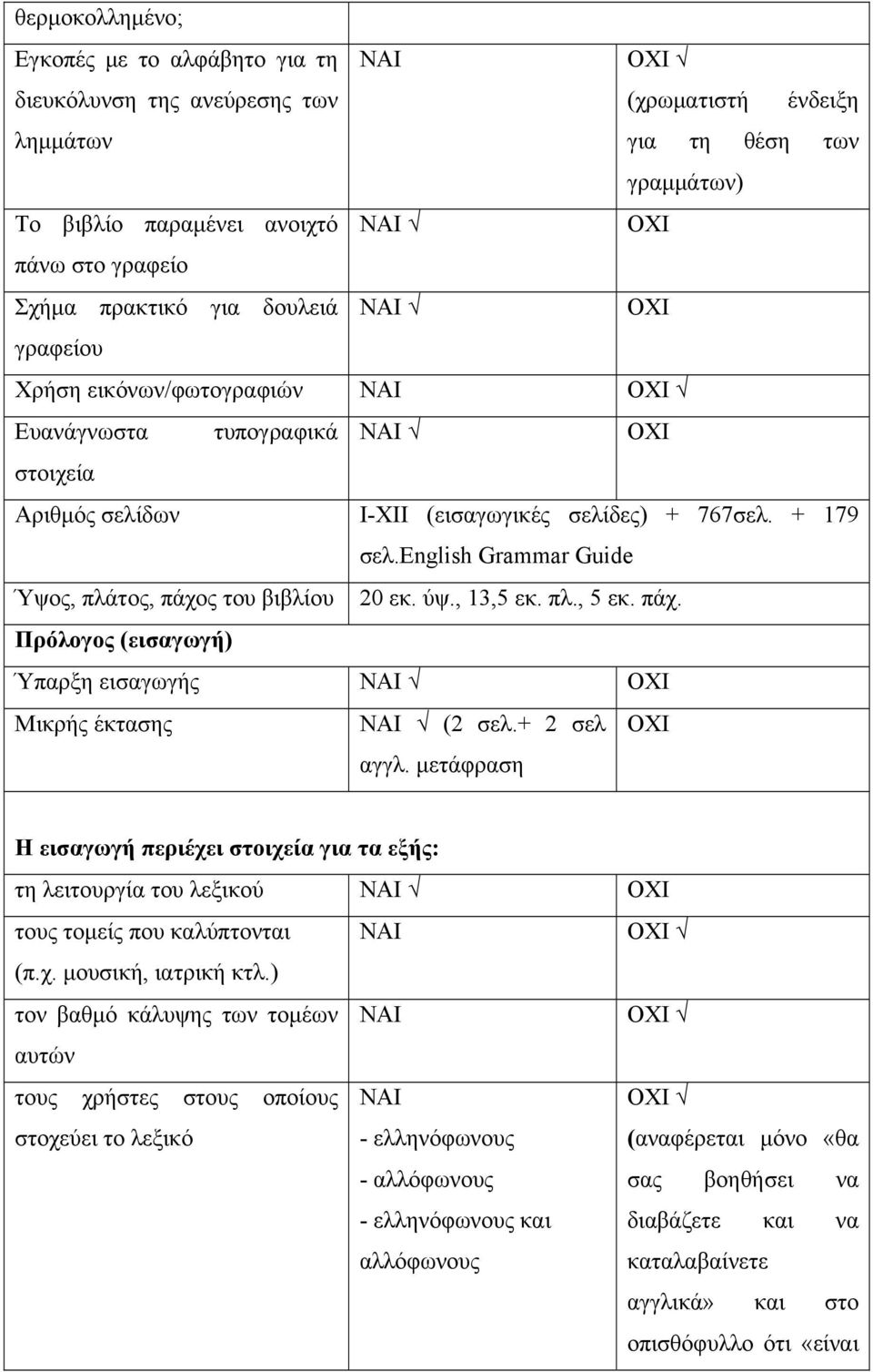 ύψ., 13,5 εκ. πλ., 5 εκ. πάχ. Πρόλογος (εισαγωγή) Ύπαρξη εισαγωγής Μικρής έκτασης (2 σελ.+ 2 σελ αγγλ.