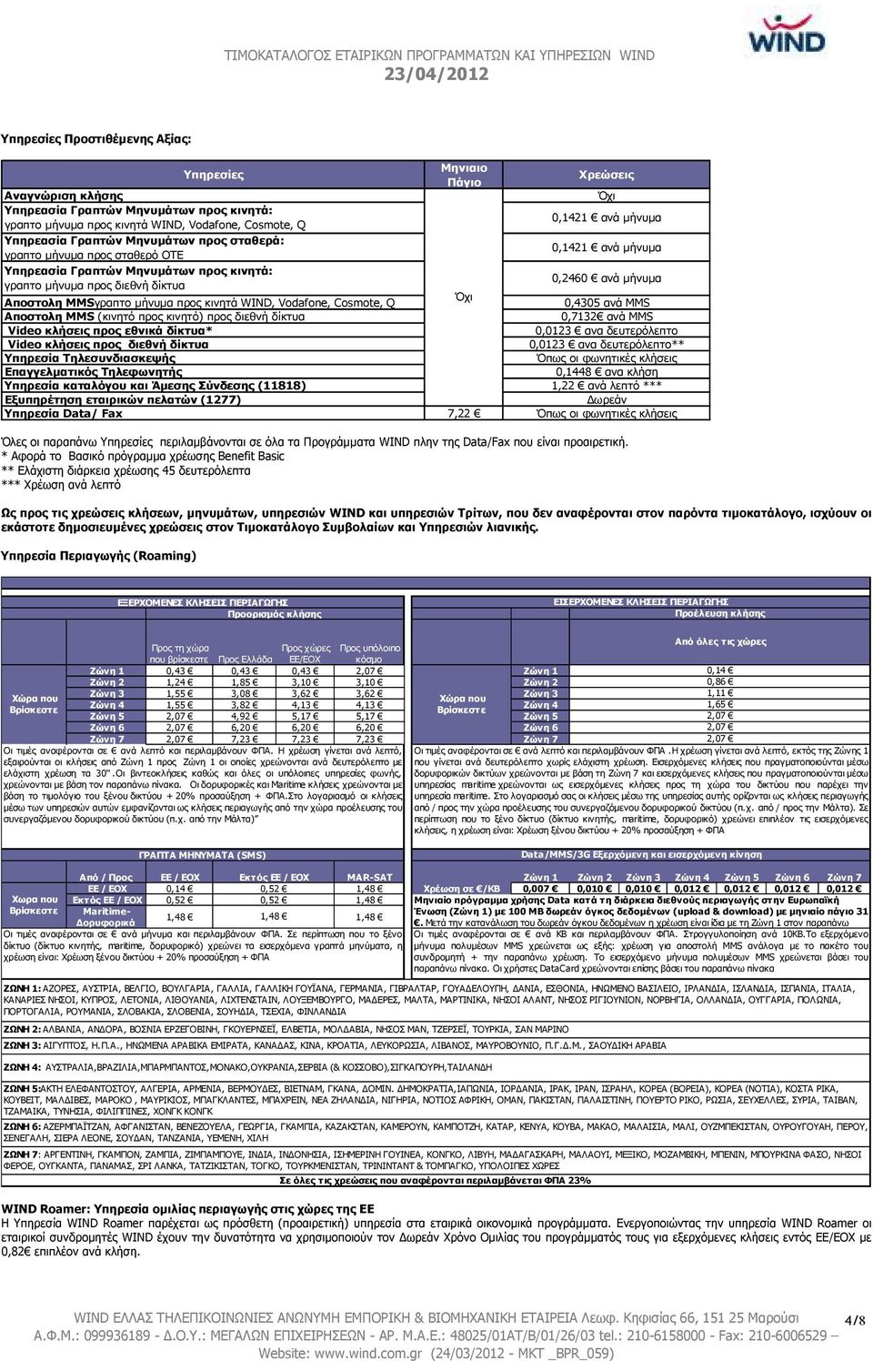 MMSγραπτο µήνυµα προς κινητά WIND, Vodafone, Cosmote, Q Όχι 0,4305 ανά MMS Αποστολη MMS (κινητό προς κινητό) προς διεθνή δίκτυα 0,7132 ανά MMS Video κλήσεις προς εθνικά δίκτυα* 0,0123 ανα