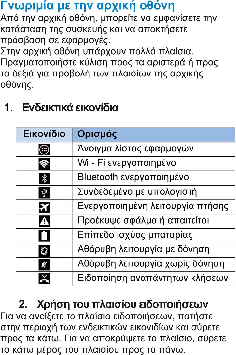 Ενδεικτικά εικονίδια Εικονίδιο Ορισμός Άνοιγμα λίστας εφαρμογών Wi - Fi ενεργοποιημένο Bluetooth ενεργοποιημένο Συνδεδεμένο με υπολογιστή Ενεργοποιημένη λειτουργία πτήσης Προέκυψε σφάλμα ή απαιτείται