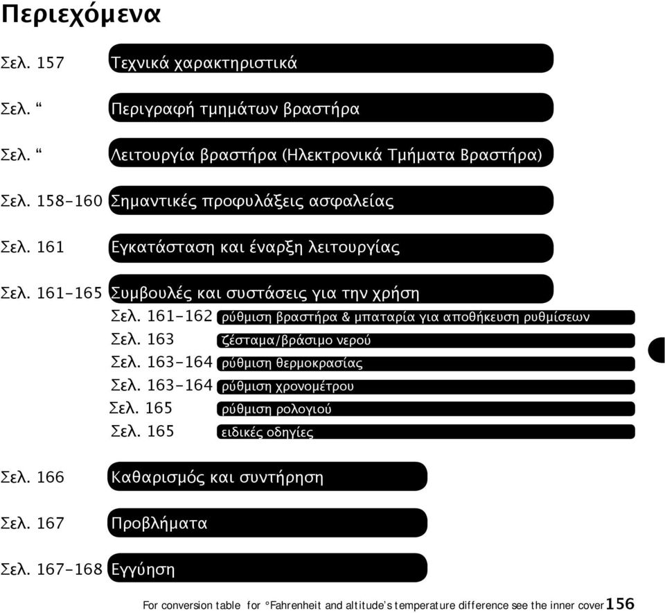 161-162 ρύθμιση βραστήρα & μπαταρία για αποθήκευση ρυθμίσεων Σελ. 163 ζέσταμα/βράσιμο νερού Σελ. 163-164 ρύθμιση θερμοκρασίας Σελ. 163-164 ρύθμιση χρονομέτρου Σελ.