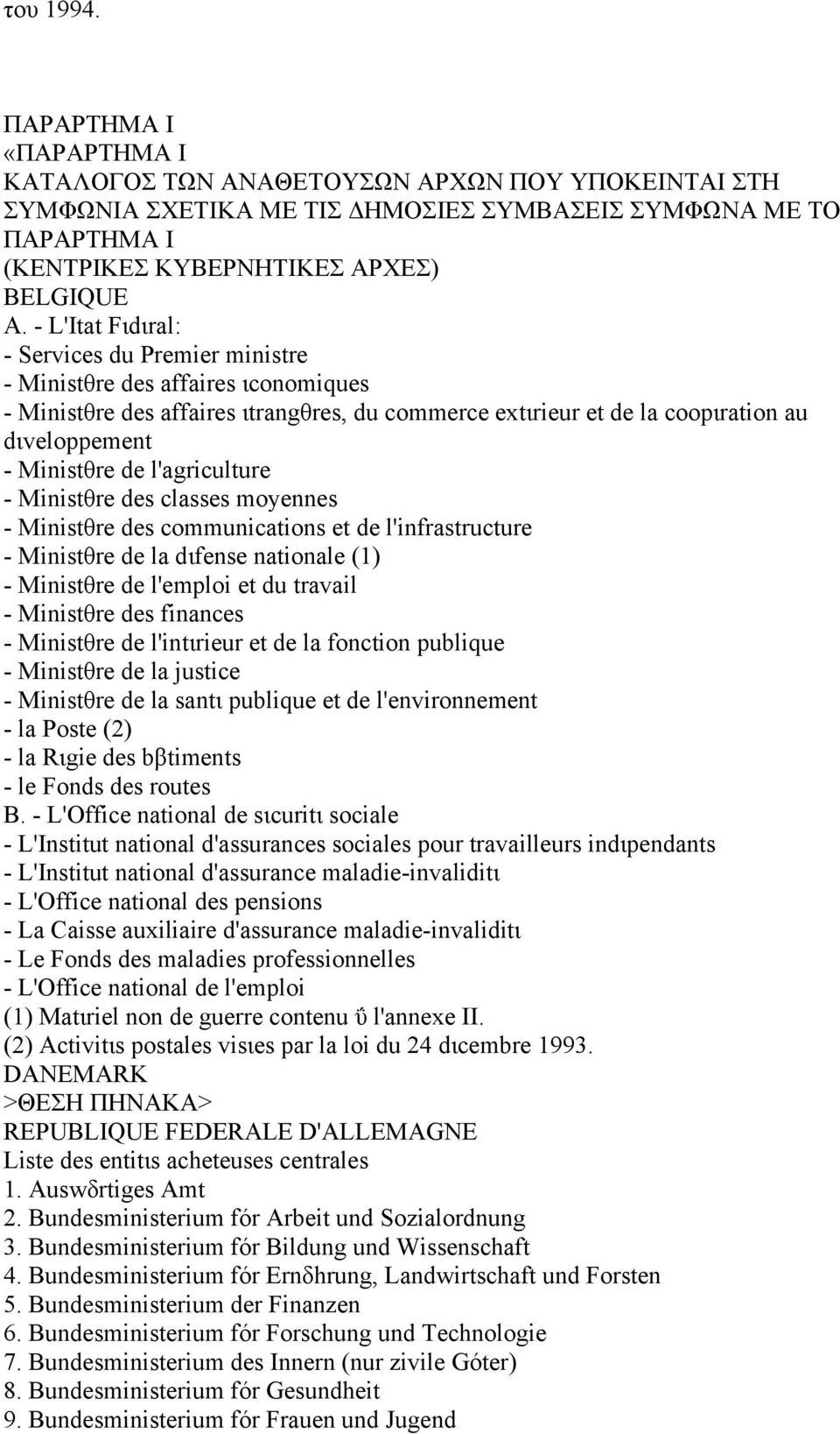 l'agriculture - Ministθre des classes moyennes - Ministθre des communications et de l'infrastructure - Ministθre de la dιfense nationale (1) - Ministθre de l'emploi et du travail - Ministθre des