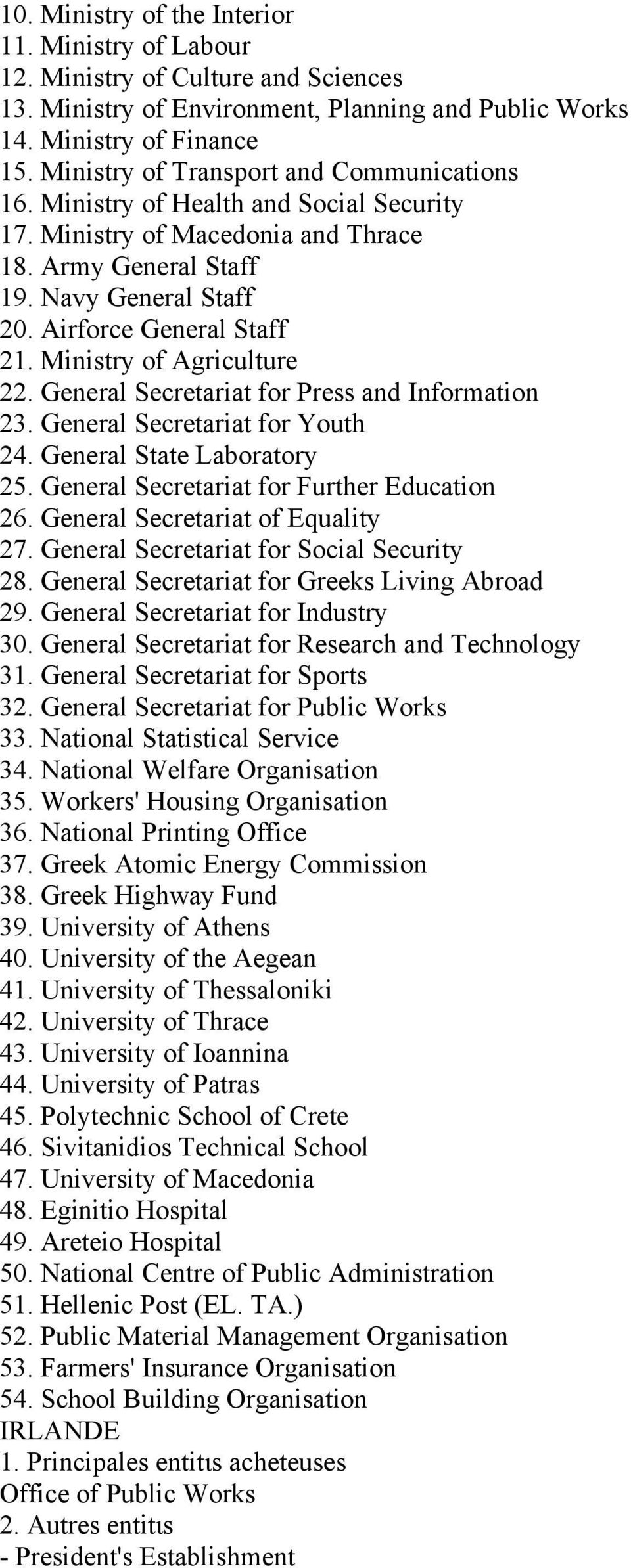 Ministry of Agriculture 22. General Secretariat for Press and Information 23. General Secretariat for Youth 24. General State Laboratory 25. General Secretariat for Further Education 26.