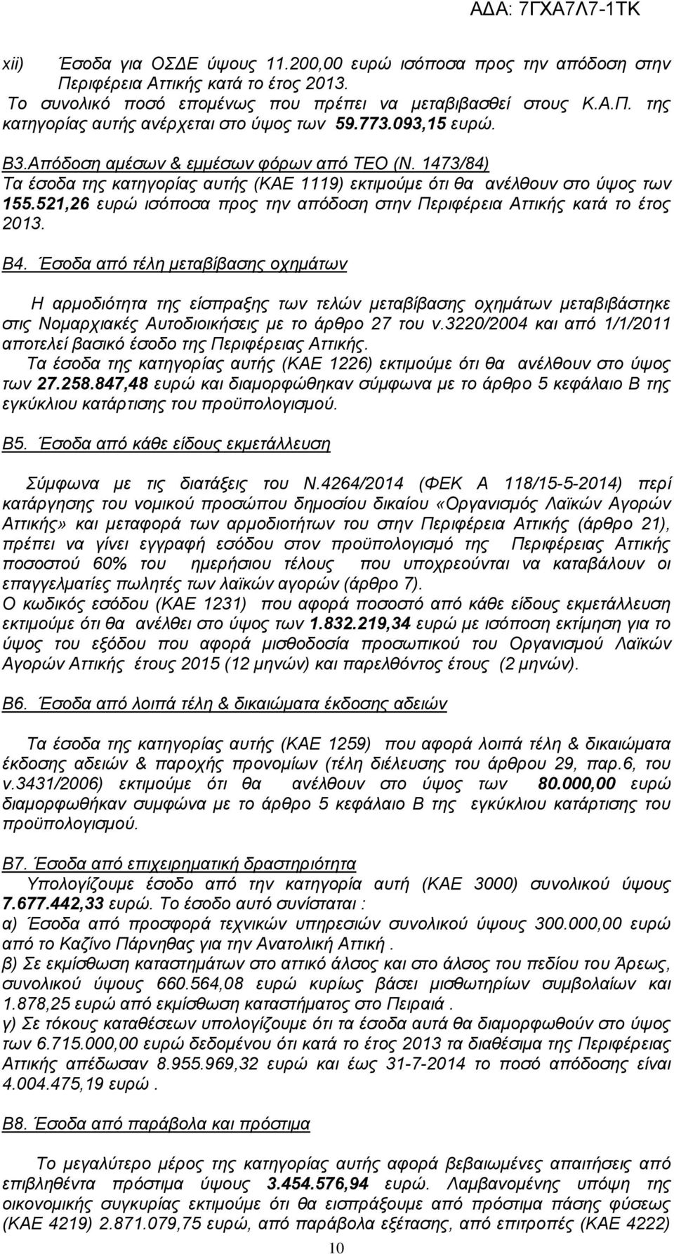 521,26 ευρώ ισόποσα προς την απόδοση στην Περιφέρεια Αττικής κατά το έτος 2013. Β4.