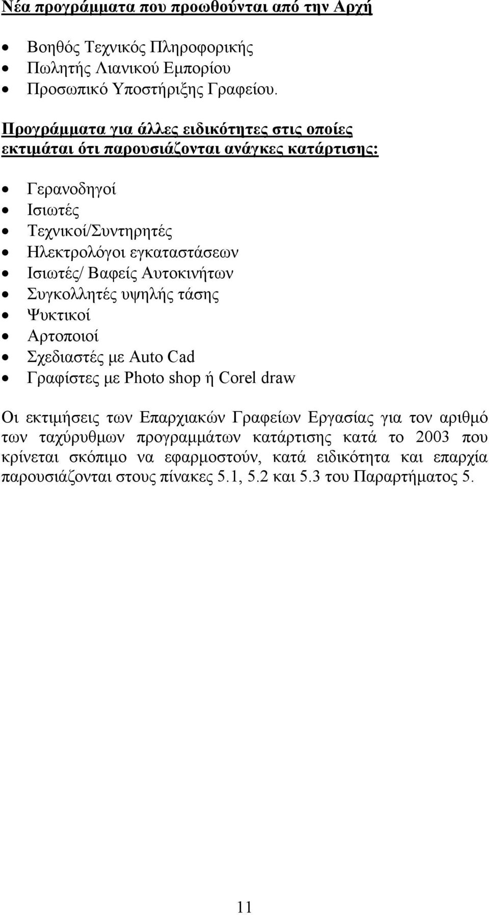 Ισιωτές/ Βαφείς Αυτοκινήτων Συγκολλητές υψηλής τάσης Ψυκτικοί Αρτοποιοί Σχεδιαστές με Auto Cad Γραφίστες με Photo shop ή Corel draw Οι εκτιμήσεις των Επαρχιακών