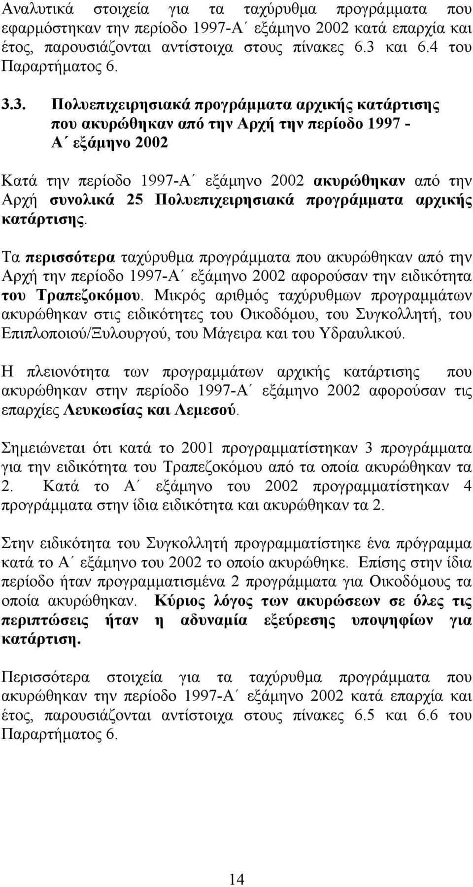 3. Πολυεπιχειρησιακά προγράμματα αρχικής κατάρτισης που ακυρώθηκαν από την Αρχή την περίοδο 1997 - Α εξάμηνο 2002 Κατά την περίοδο 1997-Α εξάμηνο 2002 ακυρώθηκαν από την Αρχή συνολικά 25