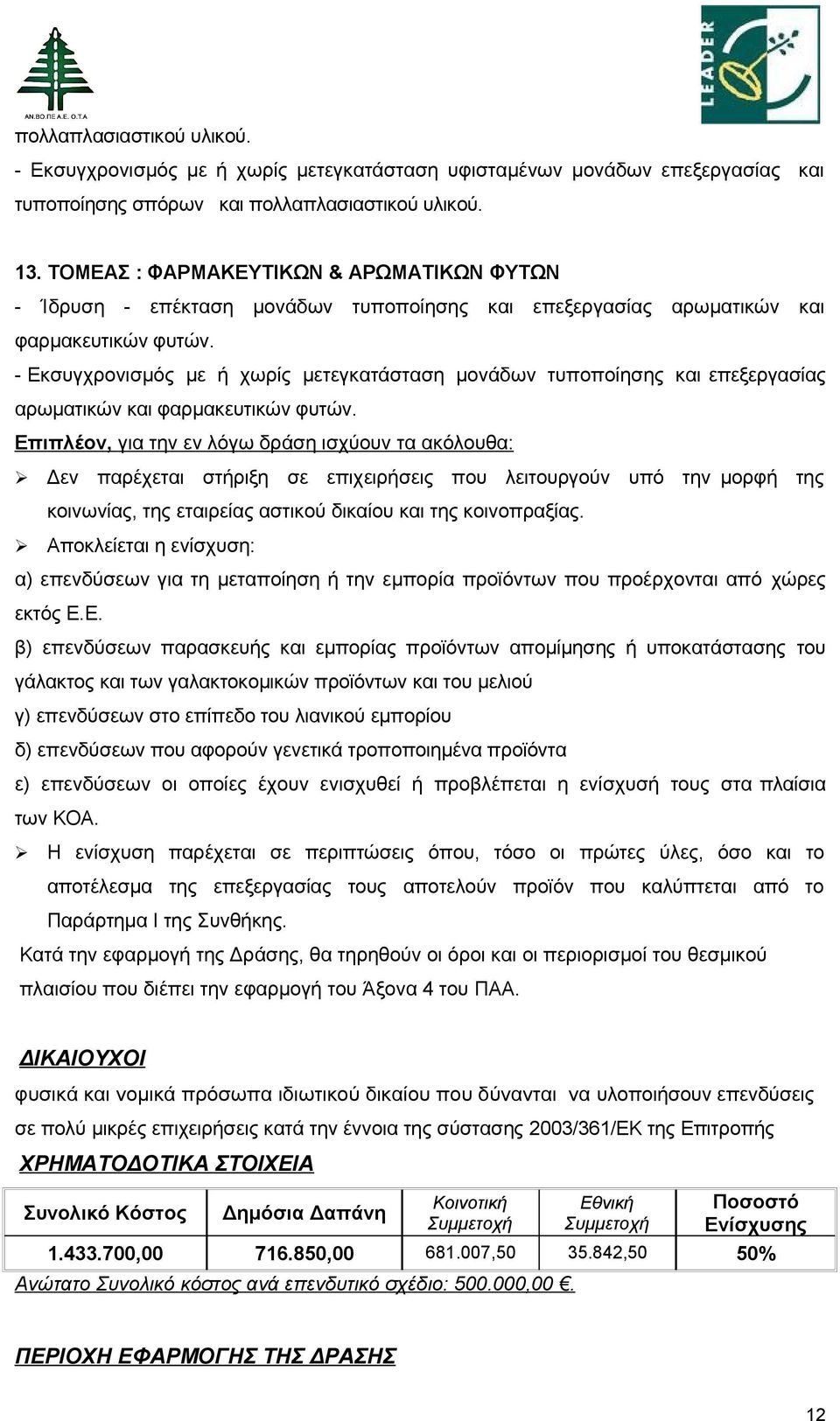 - Εκσυγχρονισµός µε ή χωρίς μετεγκατάσταση μονάδων τυποποίησης και επεξεργασίας αρωματικών και φαρμακευτικών φυτών.