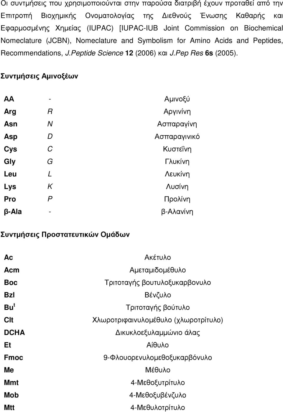 Συντµήσεις Αµινοξέων ΑΑ - Αµινοξύ Arg R Αργινίνη Asn Ασπαραγίνη Asp D Ασπαραγινικό Cys C Κυστεΐνη Gly G Γλυκίνη Leu L Λευκίνη Lys K Λυσίνη Pro P Προλίνη β-ala - β-αλανίνη Συντµήσεις Προστατευτικών