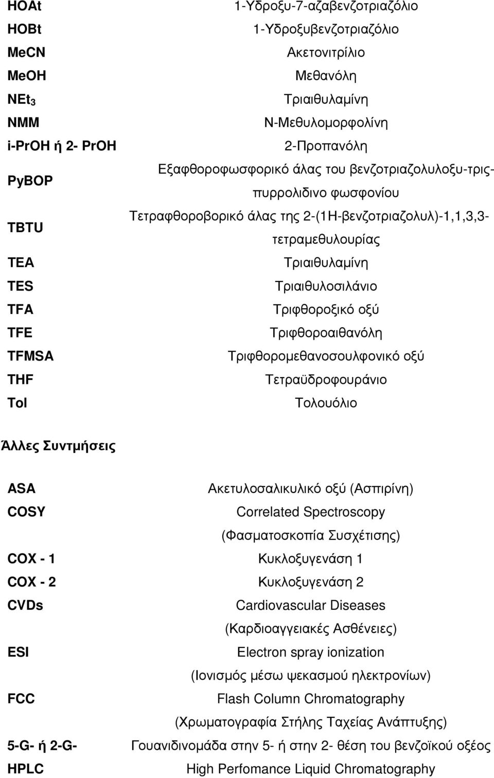 Τριφθοροαιθανόλη Τριφθοροµεθανοσουλφονικό οξύ Τετραϋδροφουράνιο Τολουόλιο Άλλες Συντµήσεις ASA Ακετυλοσαλικυλικό οξύ (Ασπιρίνη) CSY Correlated Spectroscopy (Φασµατοσκοπία Συσχέτισης) CX - 1