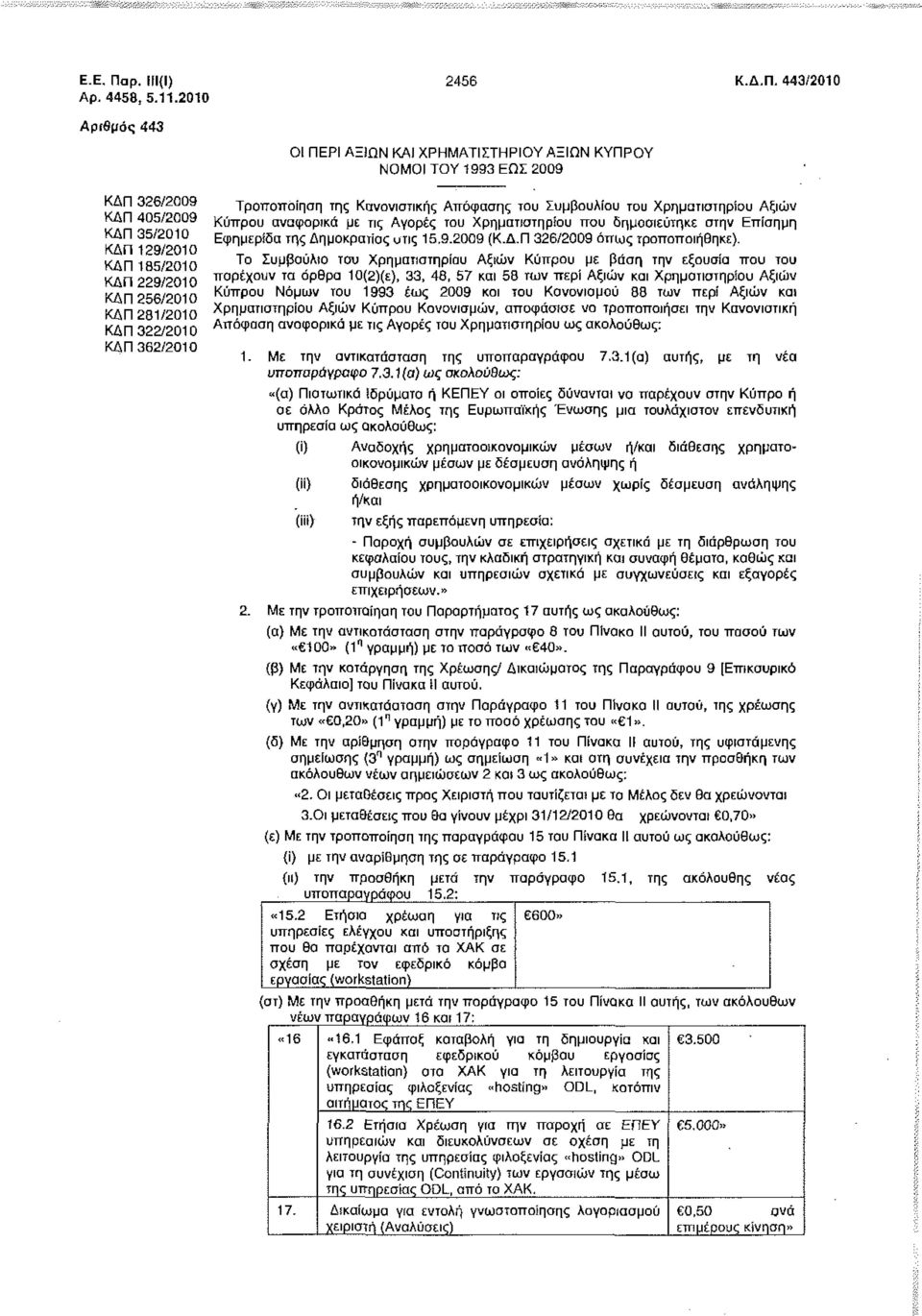 443/2010 Αριθμός 443 ΟΙ ΠΕΡΙ ΑΞΙΩΝ ΚΑΙ ΧΡΗΜΑΤΙΣΤΗΡΙΟΥ ΑΞΙΩΝ ΚΥΠΡΟΥ ΝΟΜΟΙ ΤΟΥ 1993 ΕΩΣ 2009 ΚΔΠ 326/2009 ΚΔΠ 405/2009 ΚΔΠ 35/2010 ΚΔΠ 129/2010 ΚΔΠ 185/2010 ΚΔΠ 229/2010 ΚΔΠ 256/2010 ΚΔΠ 281/2010 ΚΔΠ