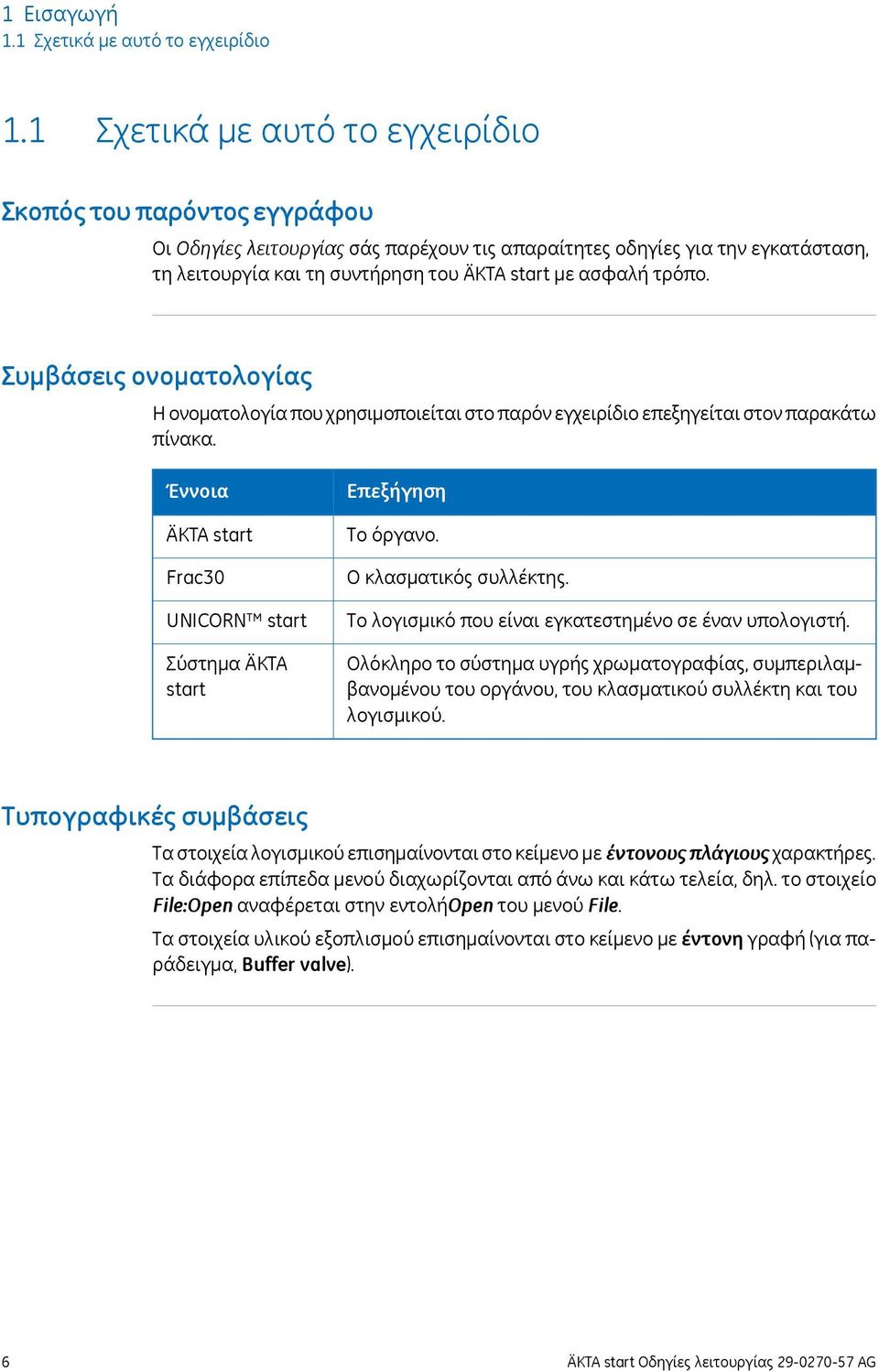 τρόπο. Συμβάσεις ονοματολογίας Η ονοματολογία που χρησιμοποιείται στο παρόν εγχειρίδιο επεξηγείται στον παρακάτω πίνακα. Έννοια ÄKTA start Frac30 UNICORN start Σύστημα ÄKTA start Επεξήγηση Το όργανο.